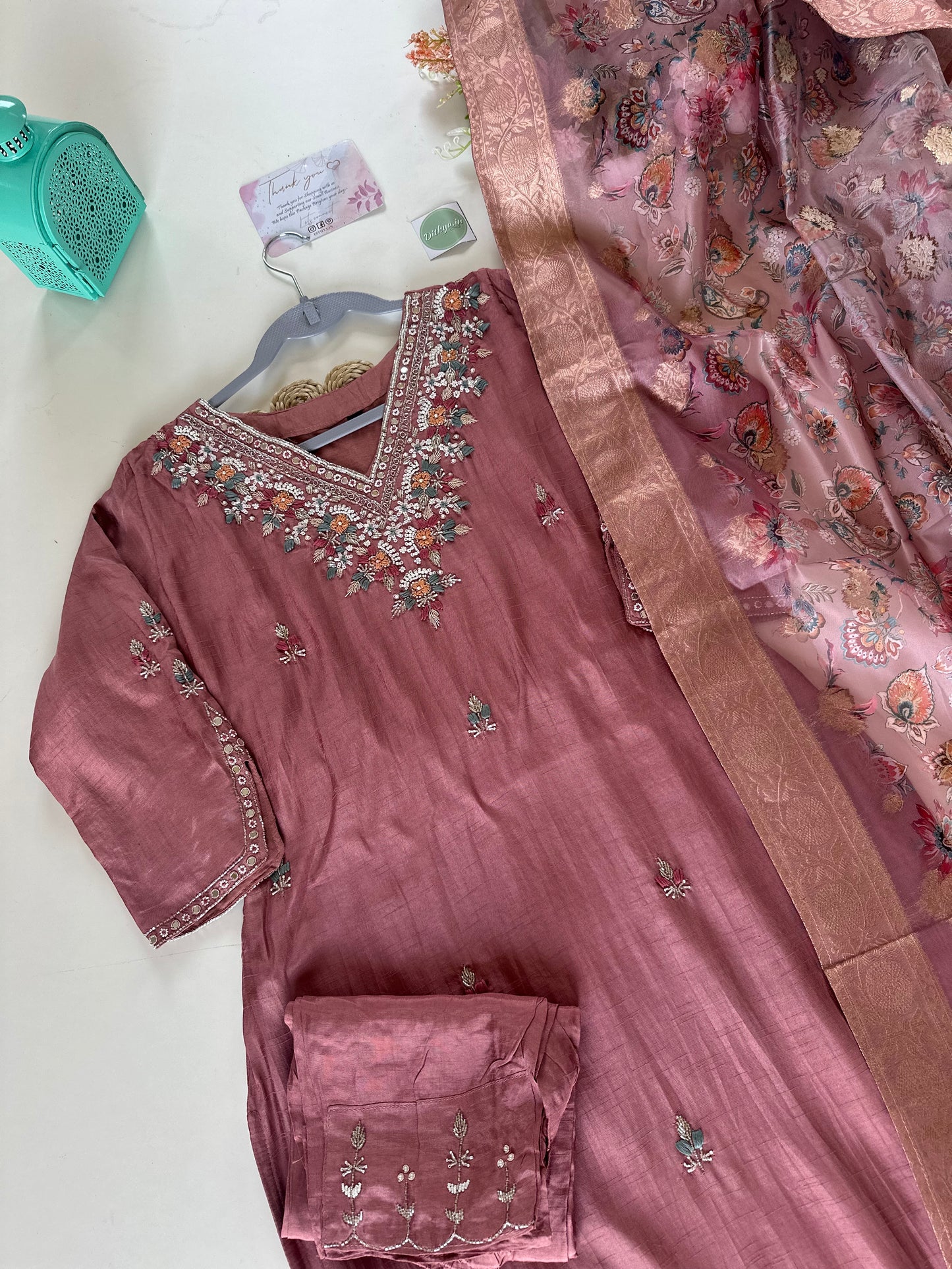 K160 - Russian silk Kurti with pants and organza Floral dupatta .