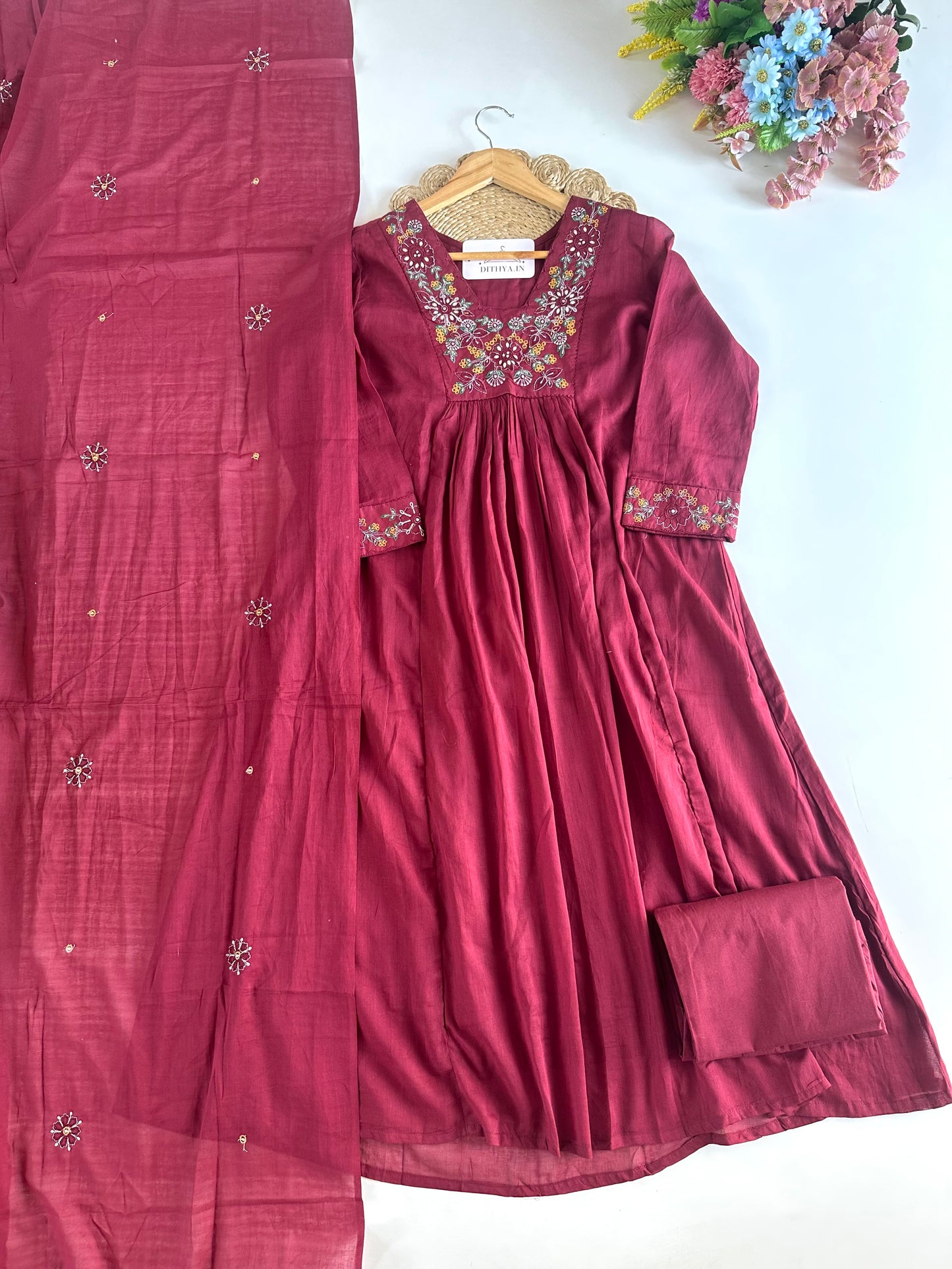 K395 - Mul cotton embroidered Anarkali with pants and dupatta