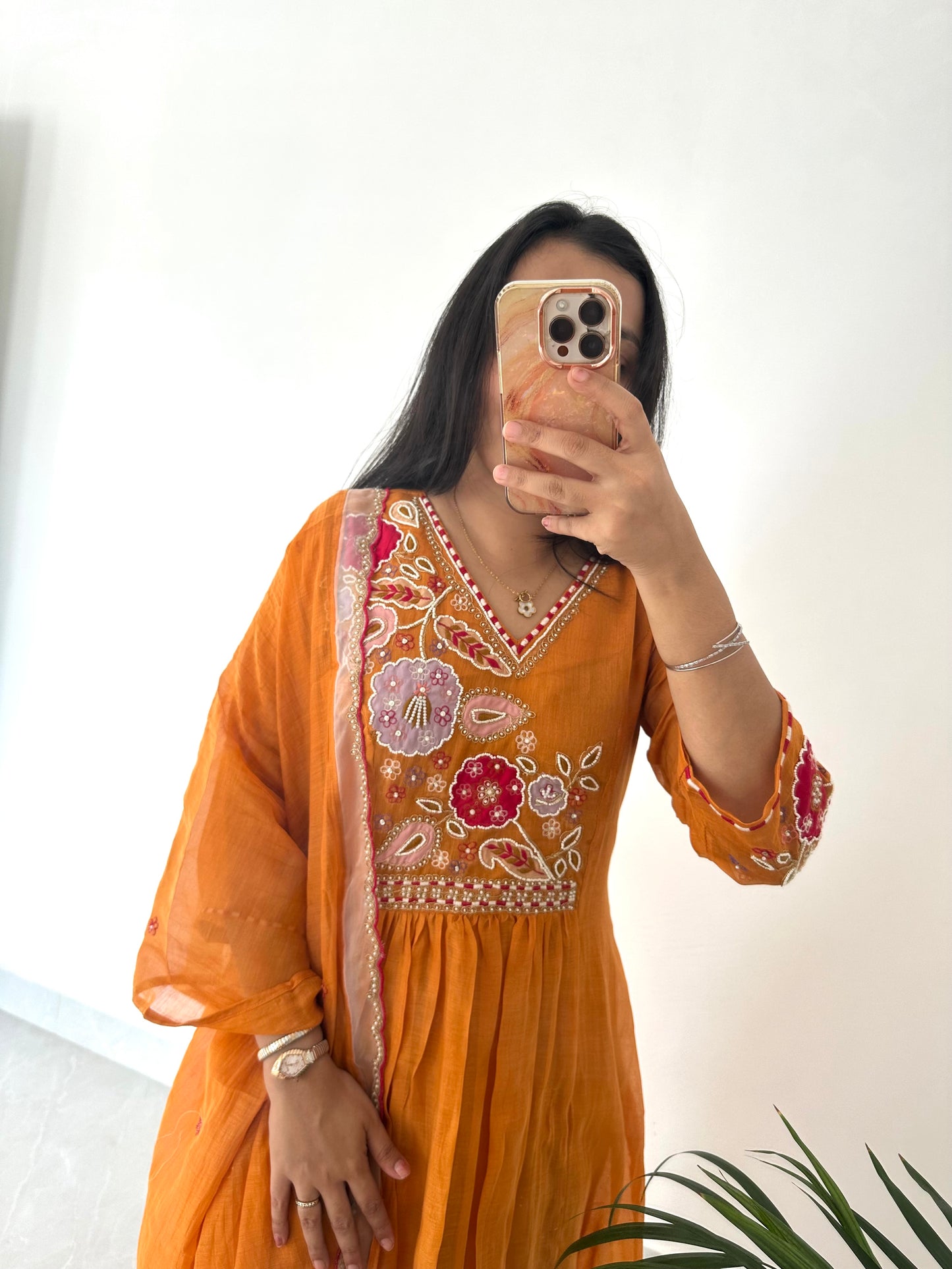 K366 - Mul Chanderi handwork Anarkali with pants and dupatta