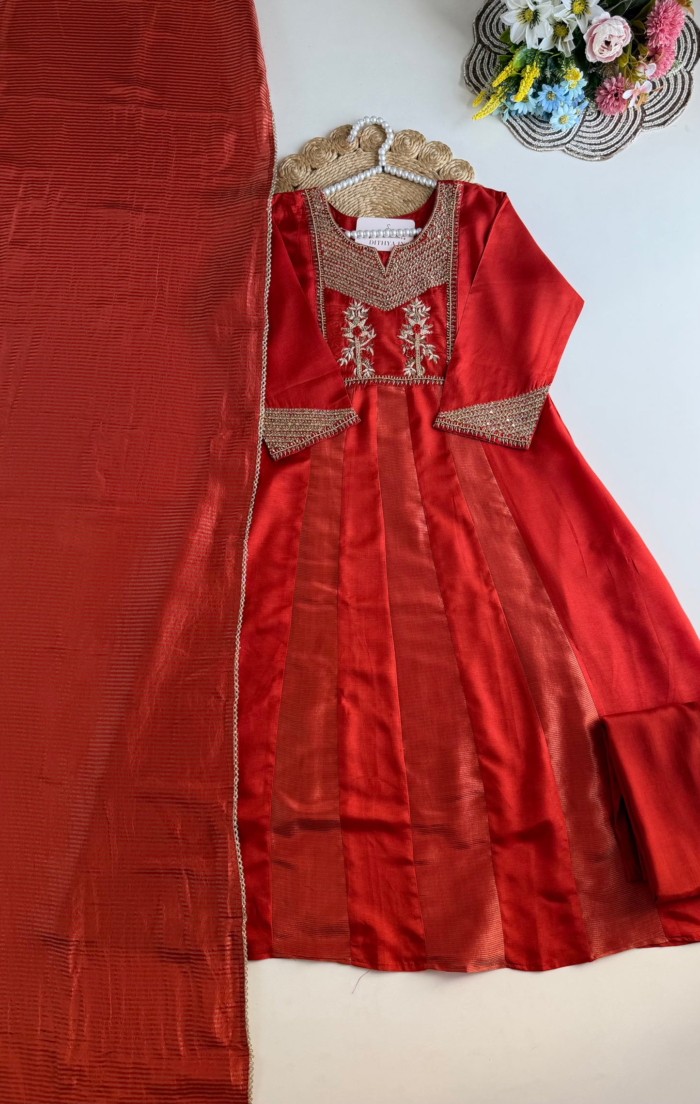 K086 - Russian silk handwork Anarkali with pants and dupatta