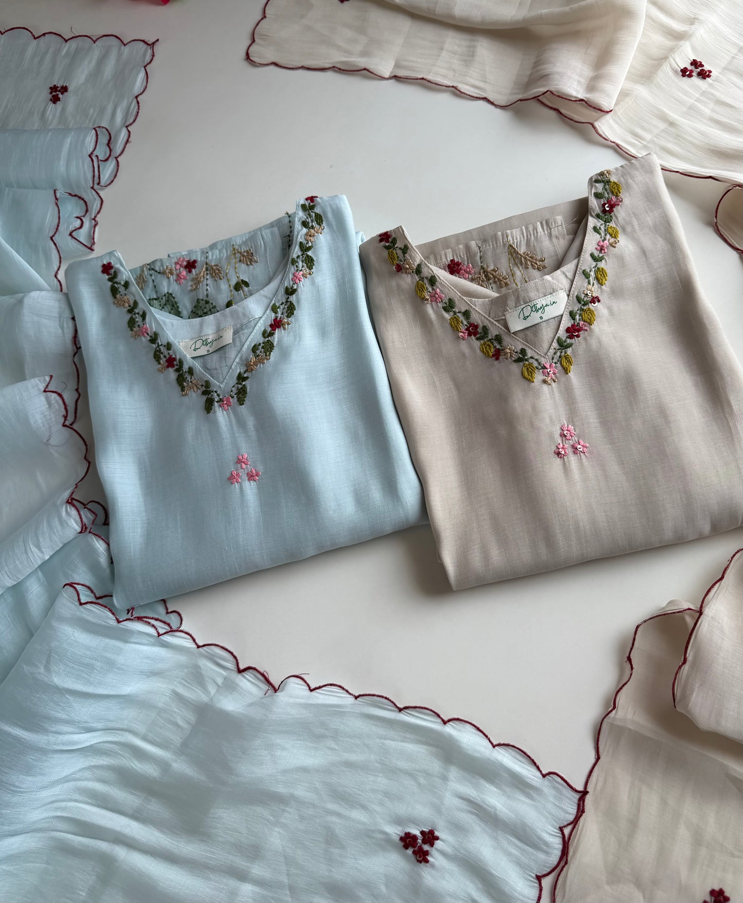 K516 - Surat Mul chanderi embroidered straight Kurti with pants and dupatta in 2 colours