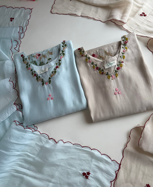 K516 - Surat Mul chanderi embroidered straight Kurti with pants and dupatta in 2 colours