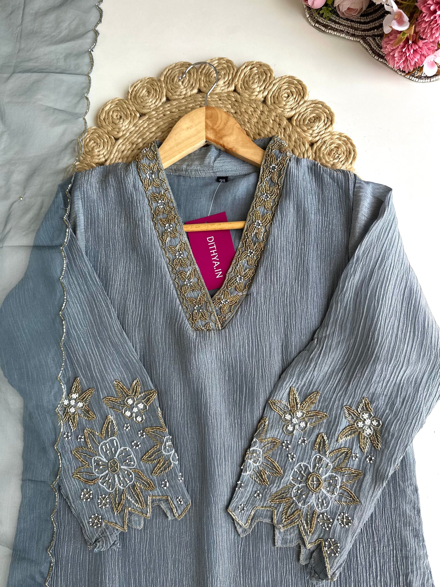 K057 - Crush tissue handwork straight Kurti with pants and dupatta