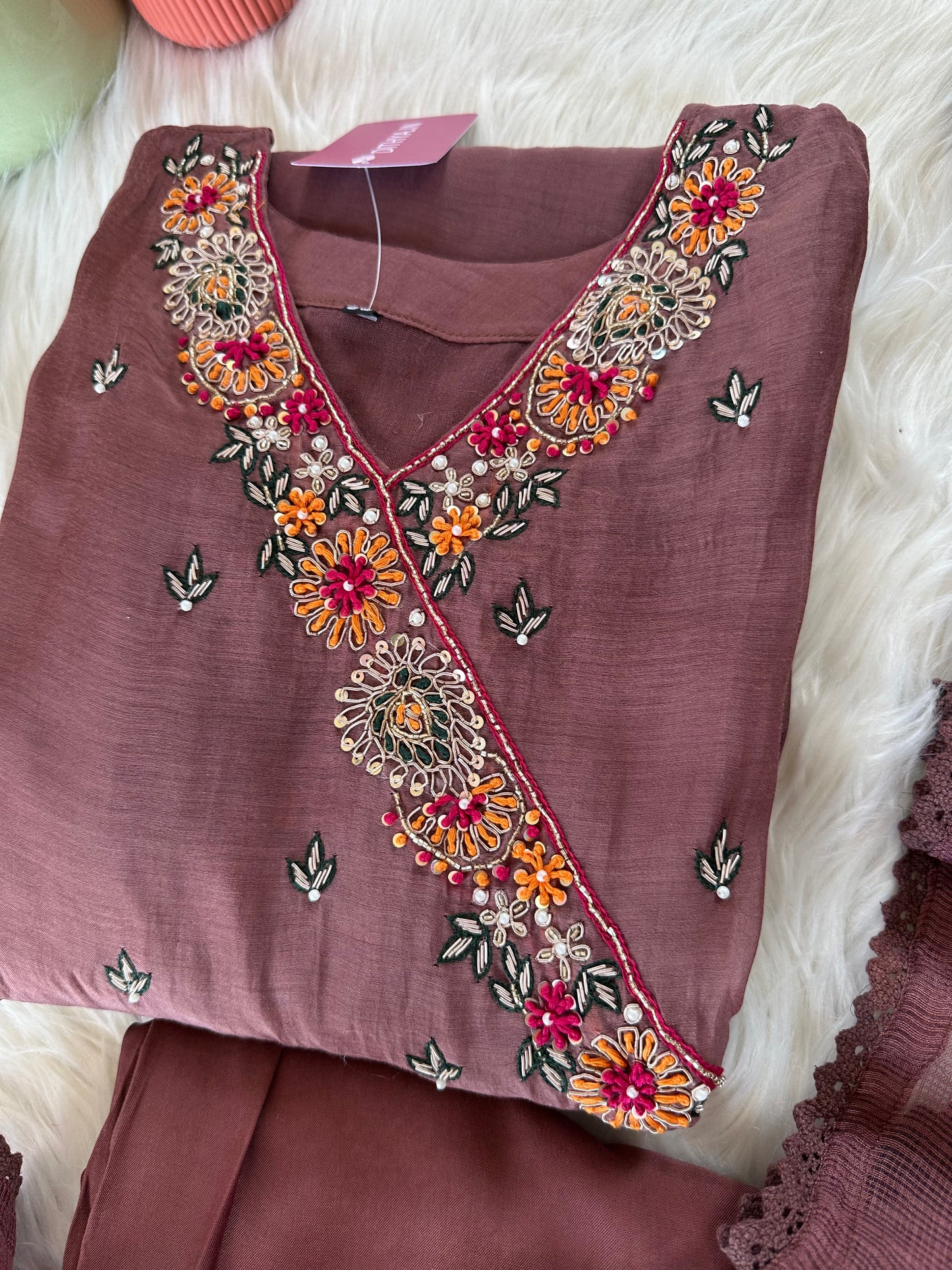 K404 - Mul Chanderi Handwork Angrakha Aline Kurti with pants and dupatta