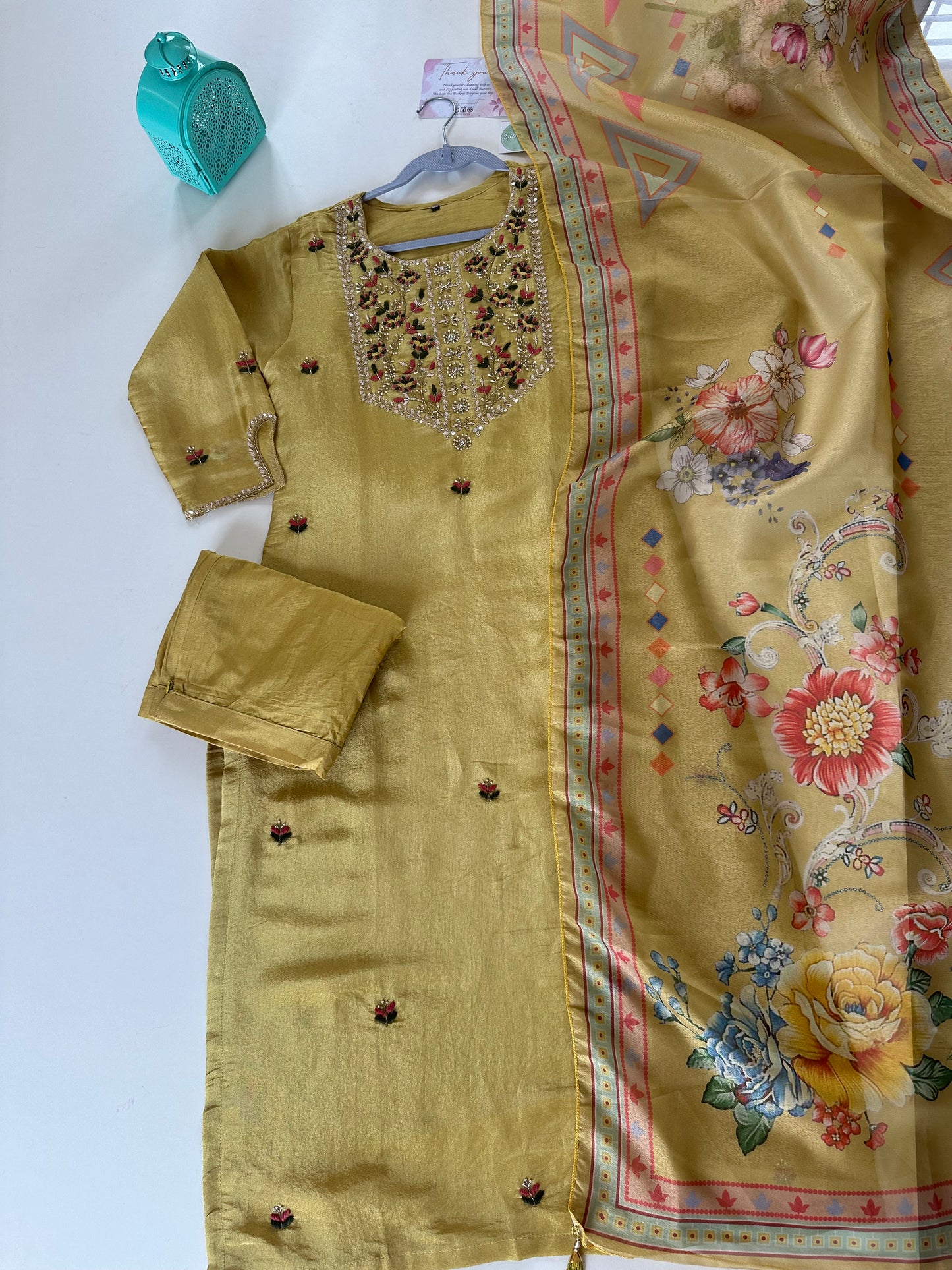 K232 - Tissue silk straight kurti with straight pants and dupatta .