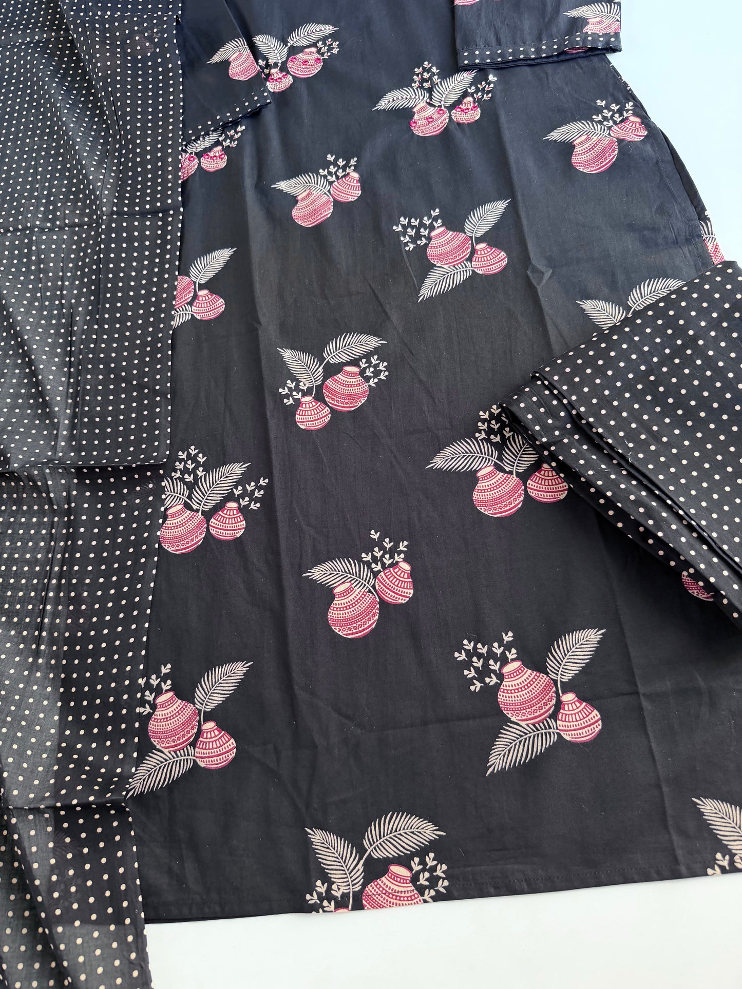 K691 - Mul cotton embroidered straight Kurti with pants and dupatta