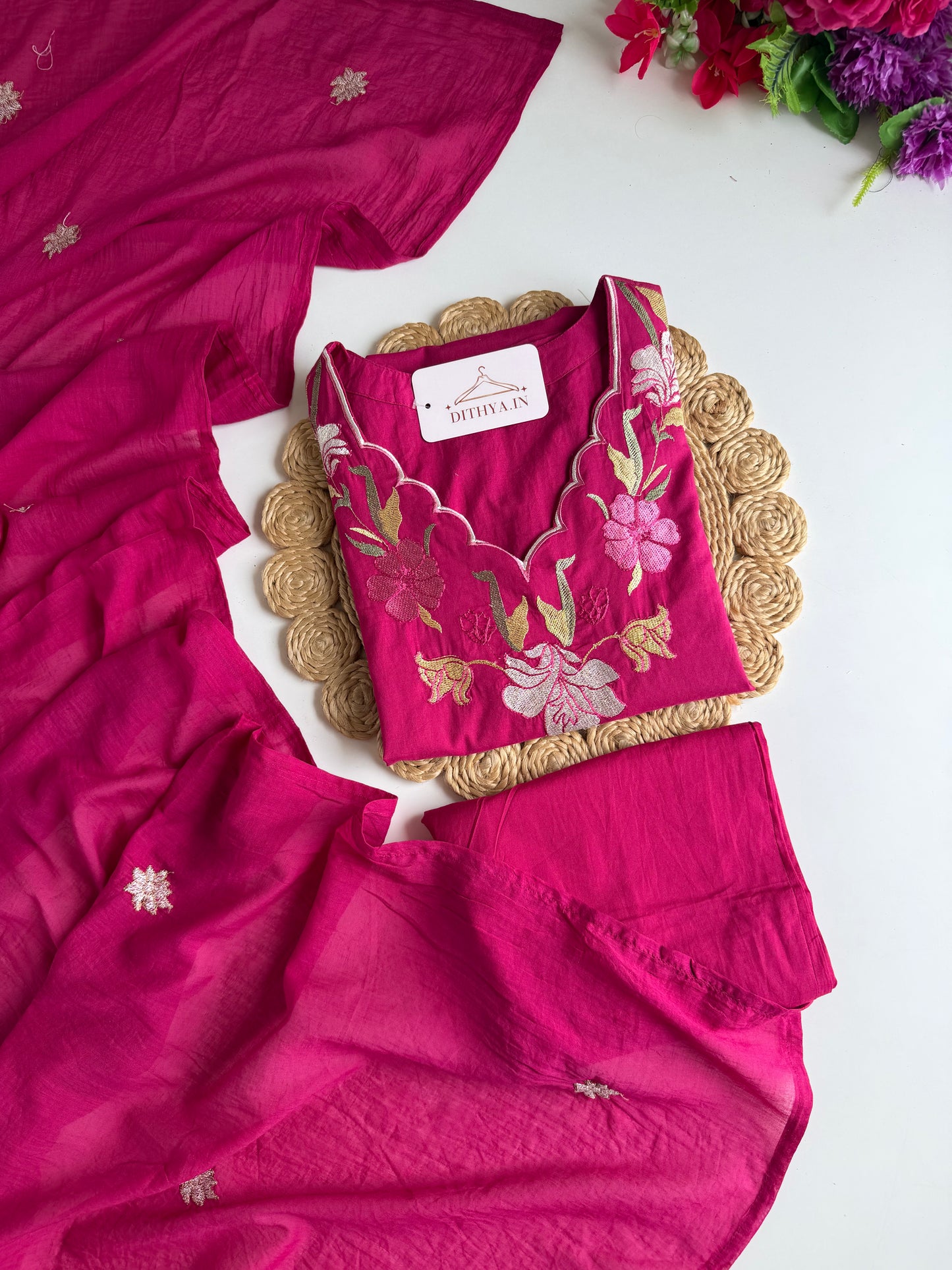 K114 - Mul cotton embroidered straight Kurti with pants and dupatta