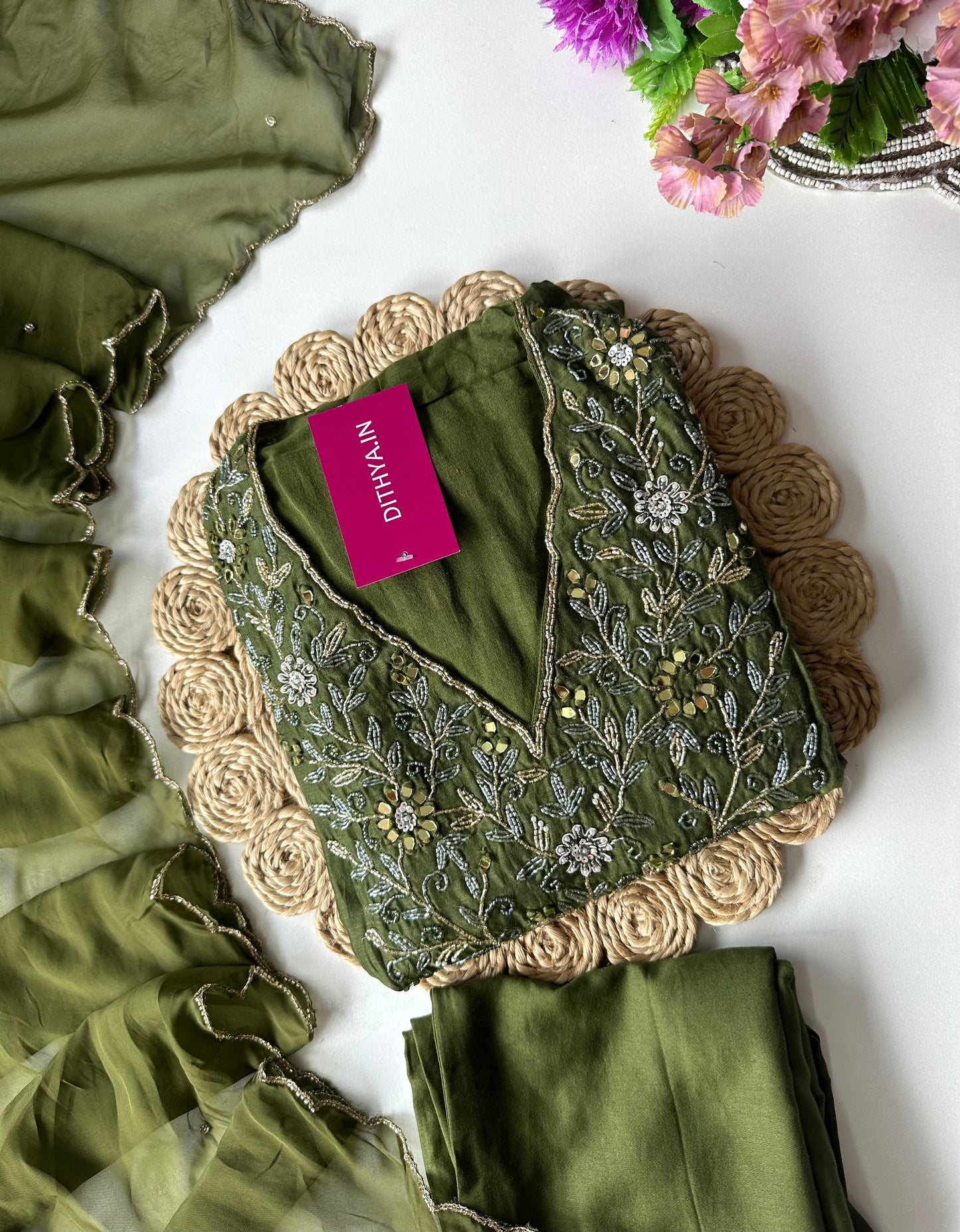 K392 - Mul Chanderi handwork Anarkali with pants and dupatta