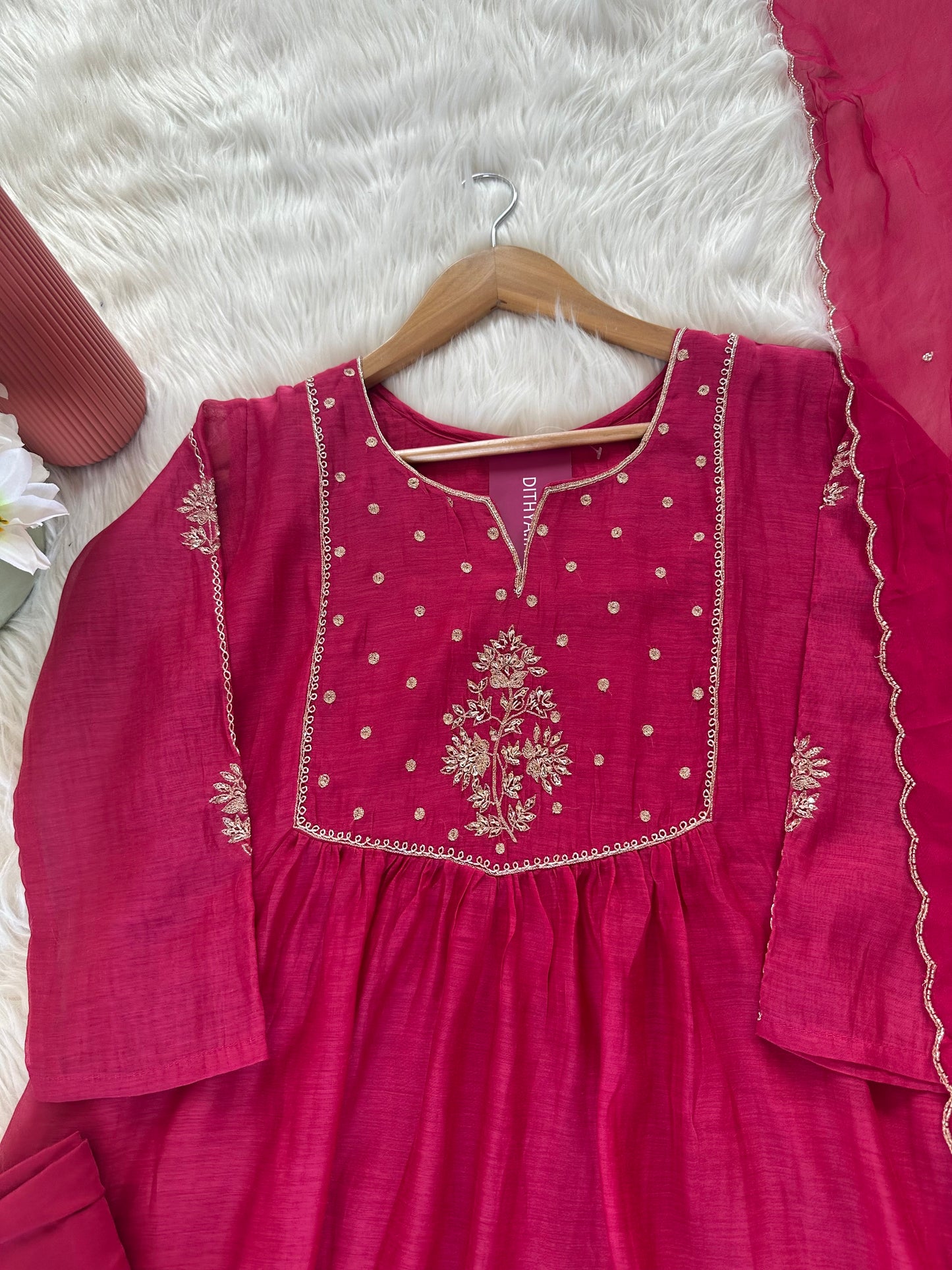 K037 - Mul Chanderi handwork Aline Kurti with pants and dupatta