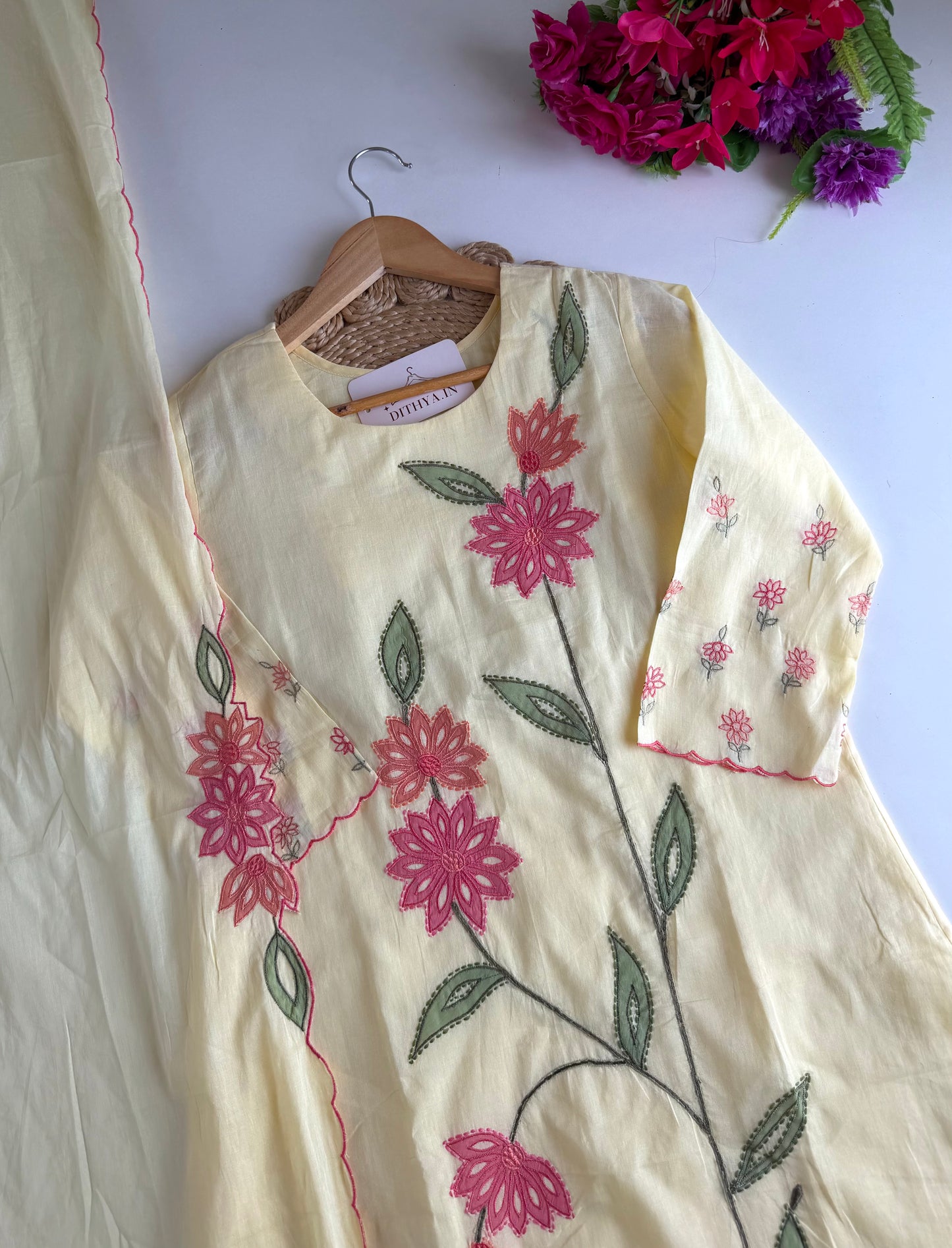 K726 - Mul cotton embroidered straight  Kurti with pants and dupatta