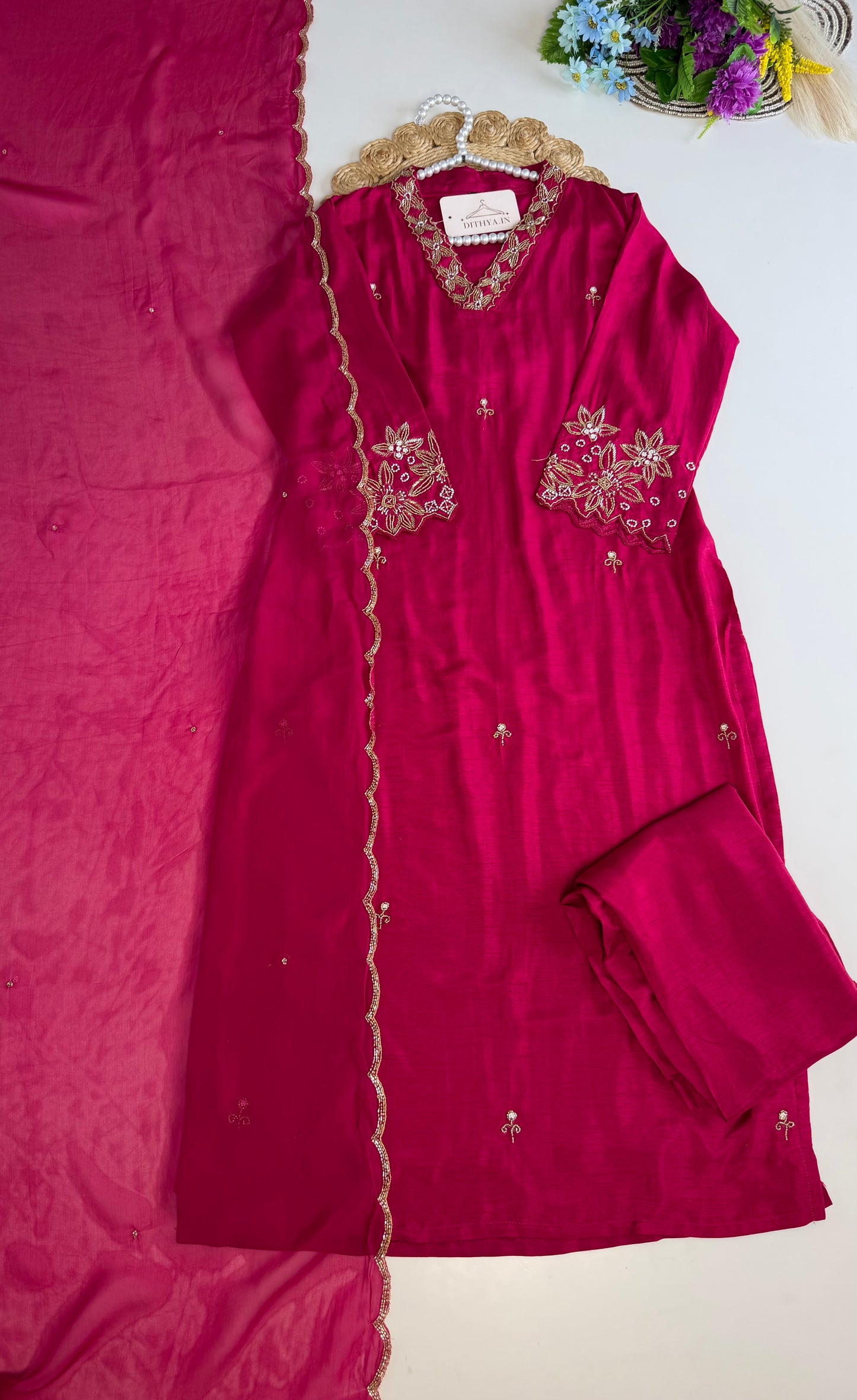K344 - Russian silk handwork straight Kurti with pants and dupatta