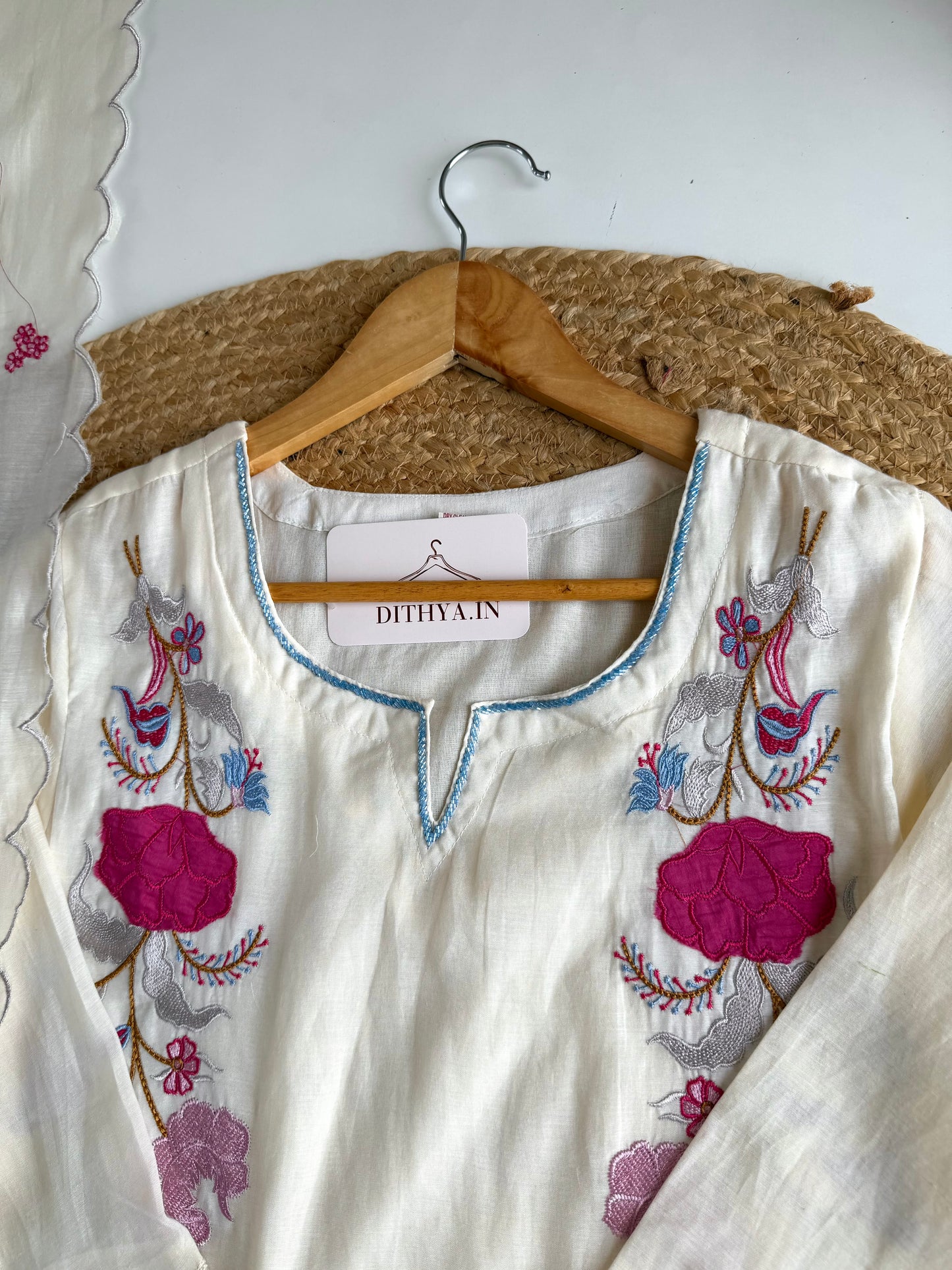 K177 - Mul chanderi appliqué work straight Kurti with pants and dupatta