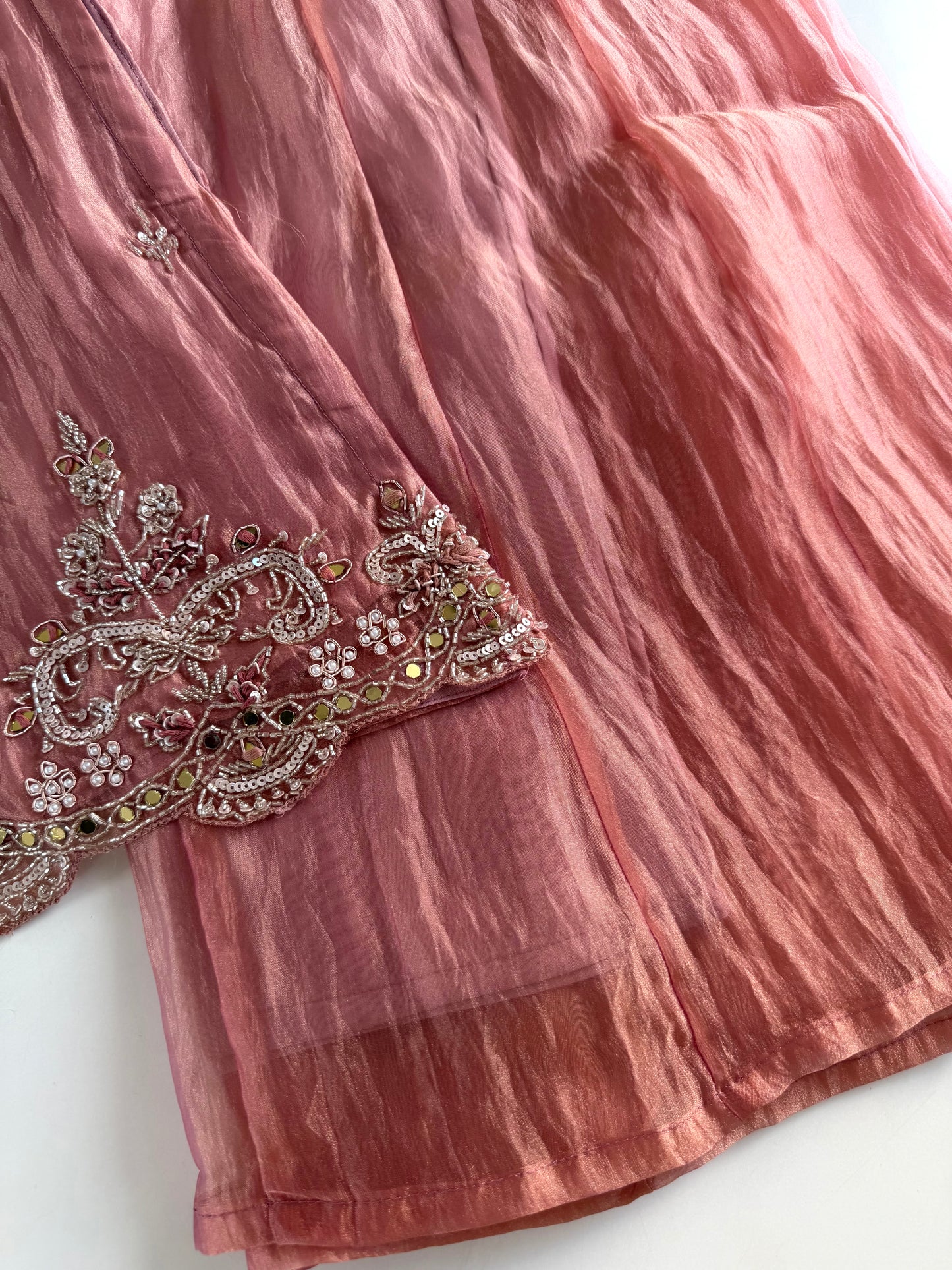 K500 - Glass tissue silk handwork short Kurti with divider pants and dupatta