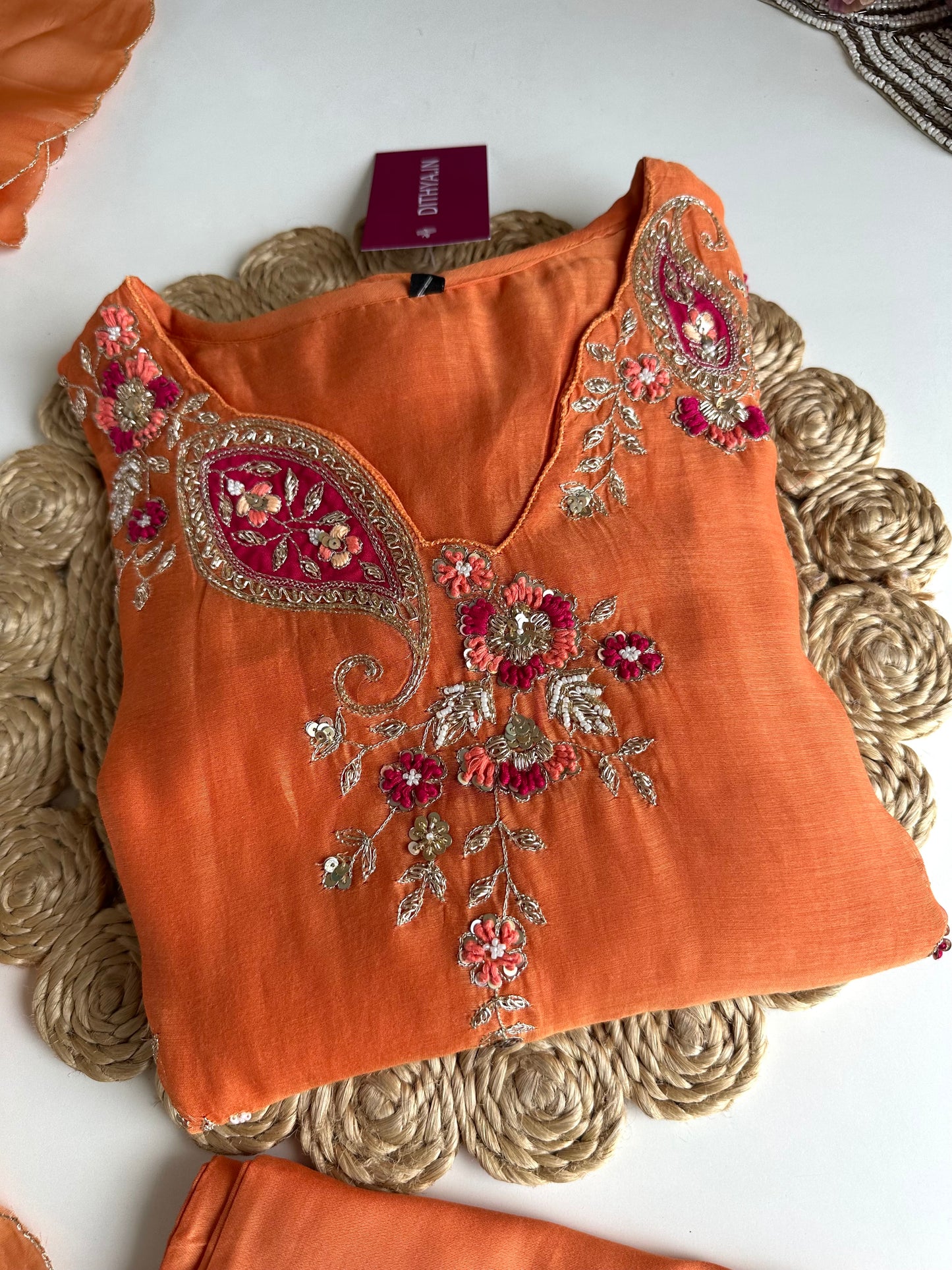 K005 - Mul Chanderi Handwork Aline Kurti with pants and dupatta in 2 colours