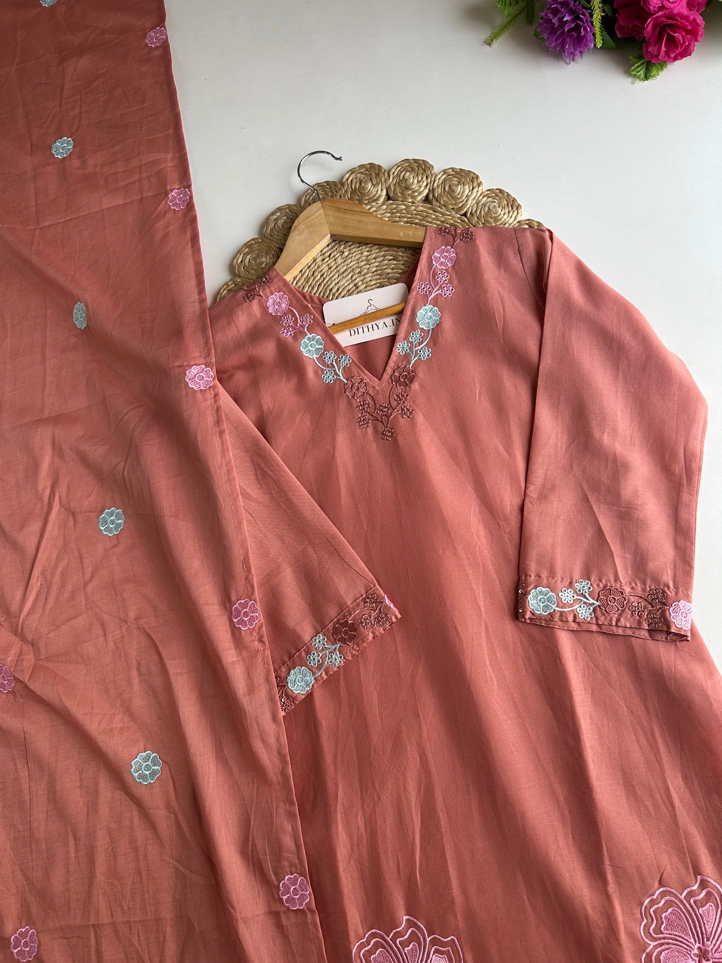 K131 - Mul cotton embroidered straight Kurti with pants and dupatta