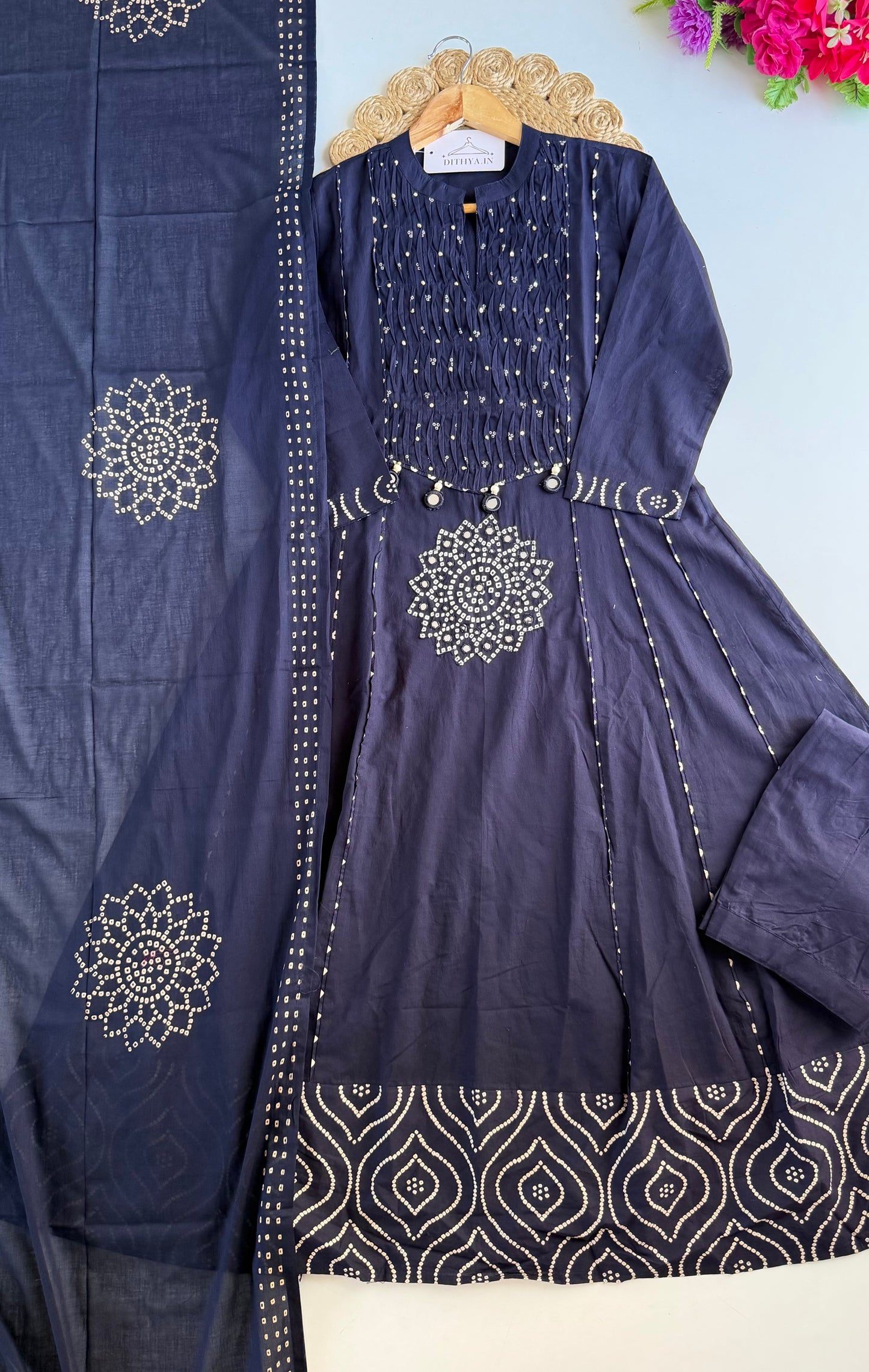 K273 - Mul cotton mirror work Anarkali with pants and dupatta in 4 colours