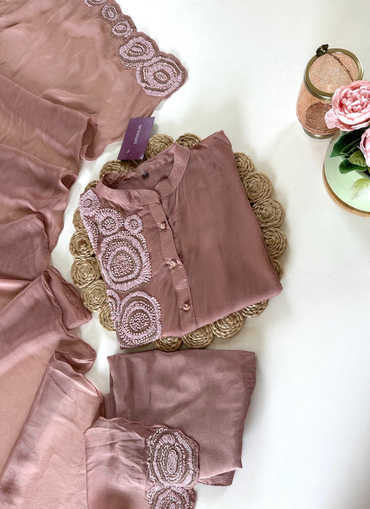 K129 - Soft organza Handwork Straight kurti with inner, pants and dupatta .