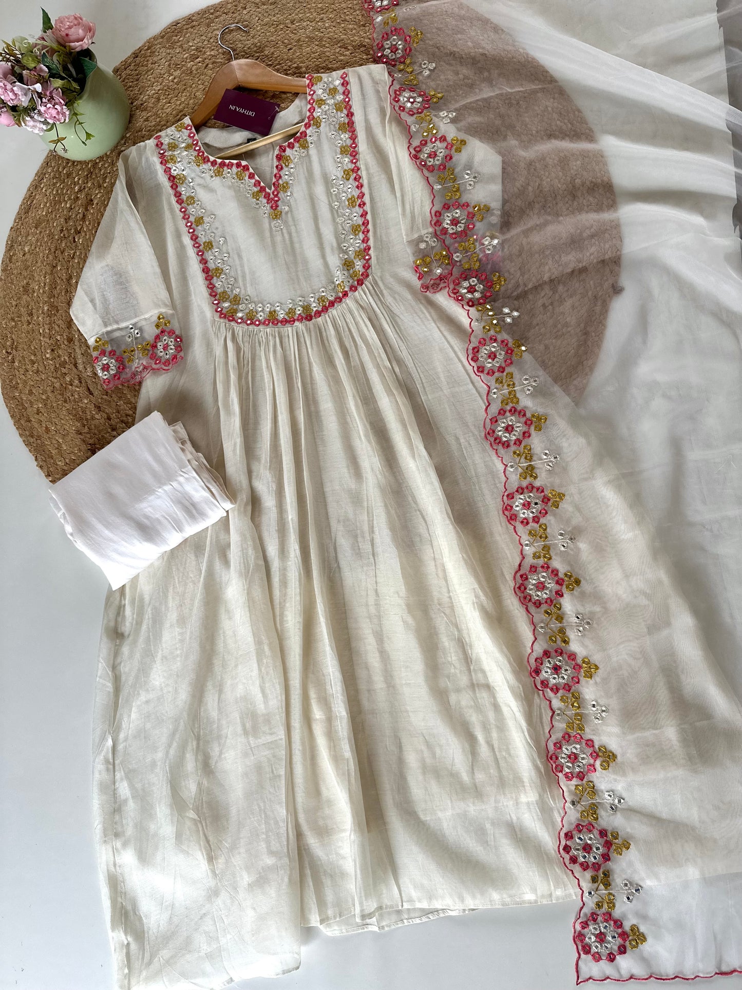 K219 - Mul Chanderi Threadwork Aline Kurti with pants and dupatta .