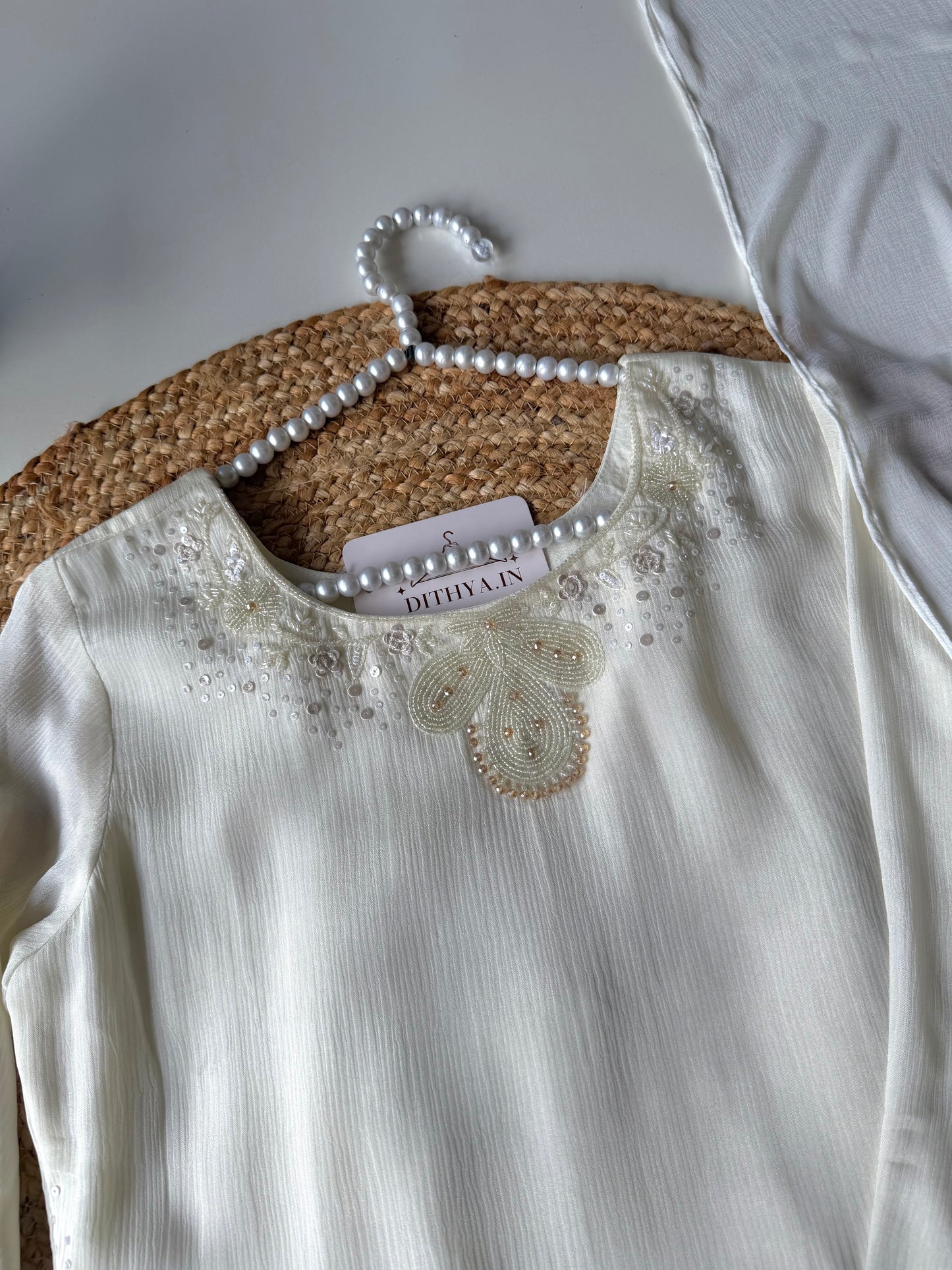 K335 - Pure Chinnon handwork Kurti with divider pants and dupatta