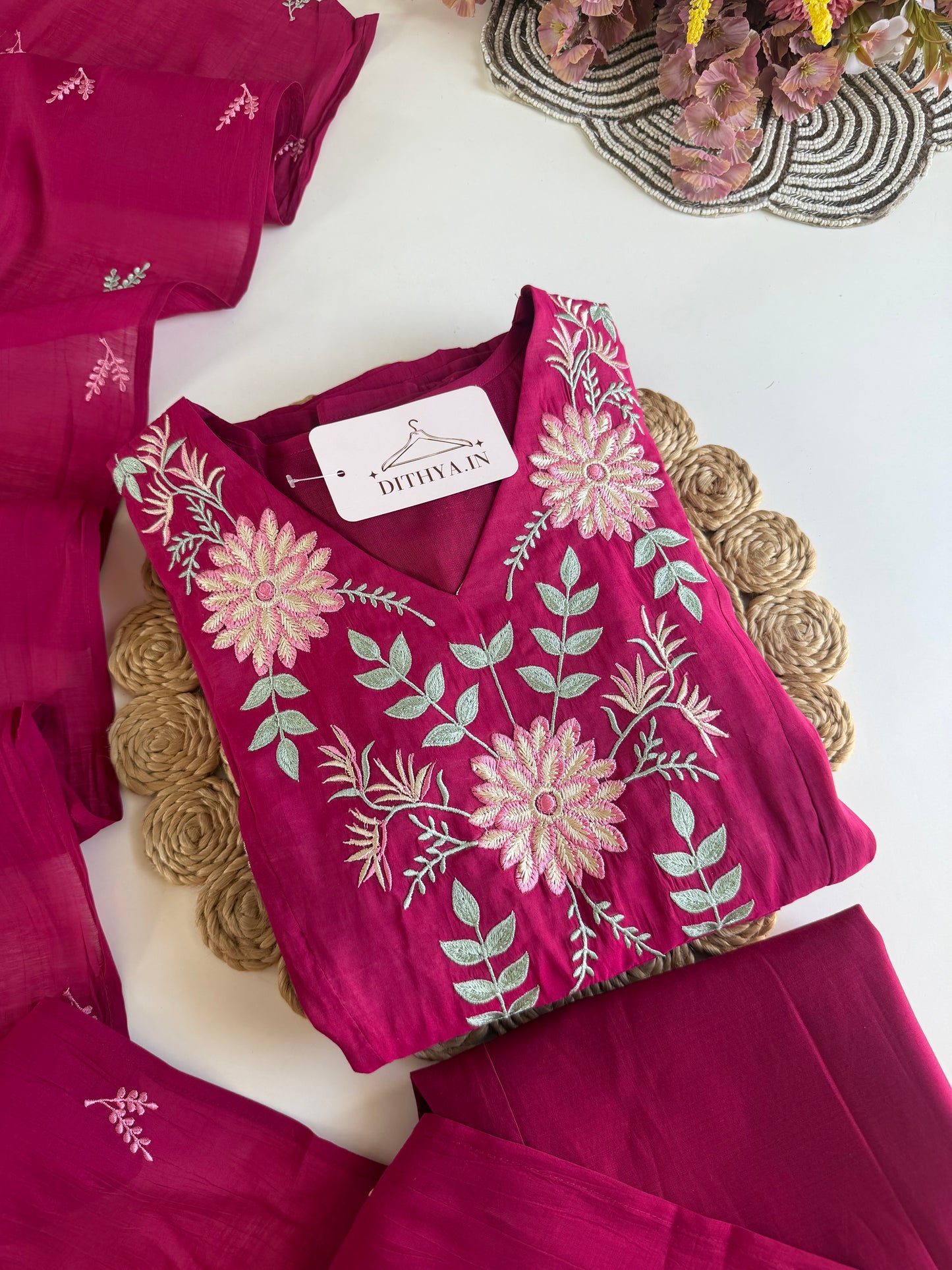 K477 - Mul chanderi appliqué work embroidered Anarkali with pants and dupatta