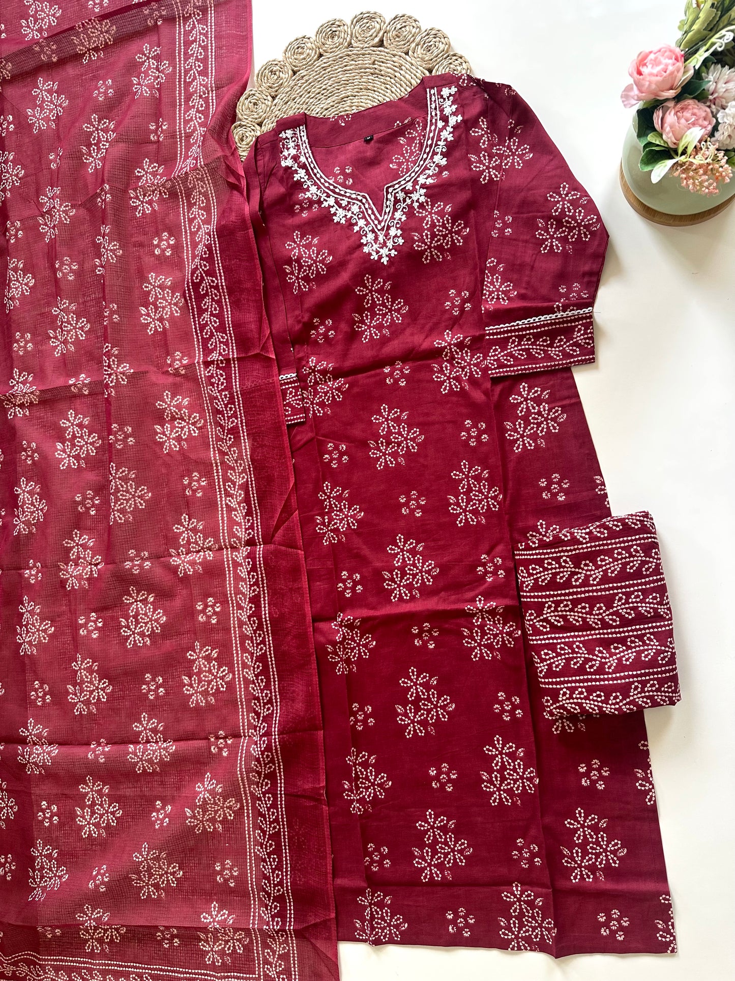 K056 - Cotton printed straight kurti with pants and dupatta.