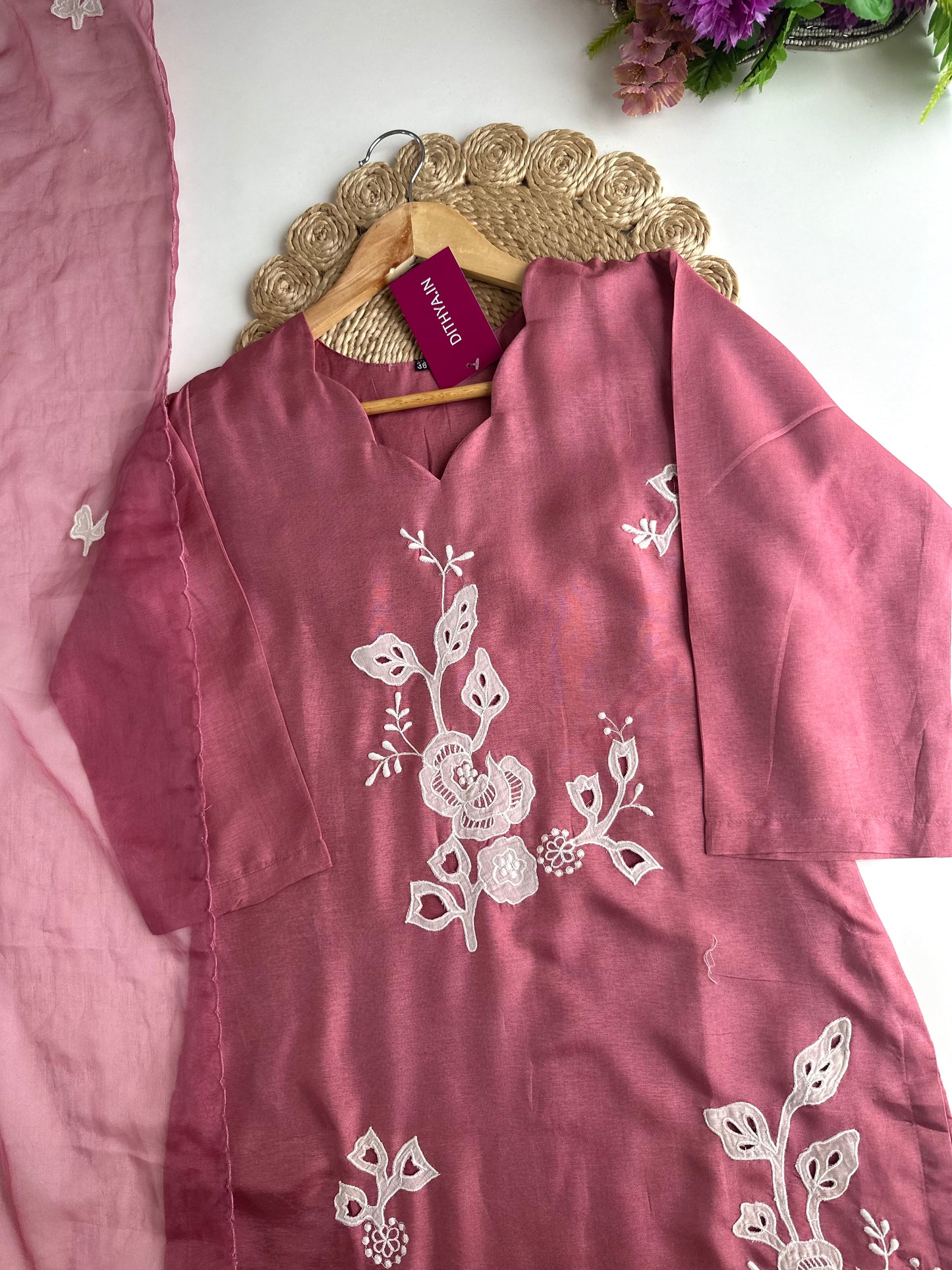 K001 - Russian silk appliqué straight Kurti with pants and dupatta