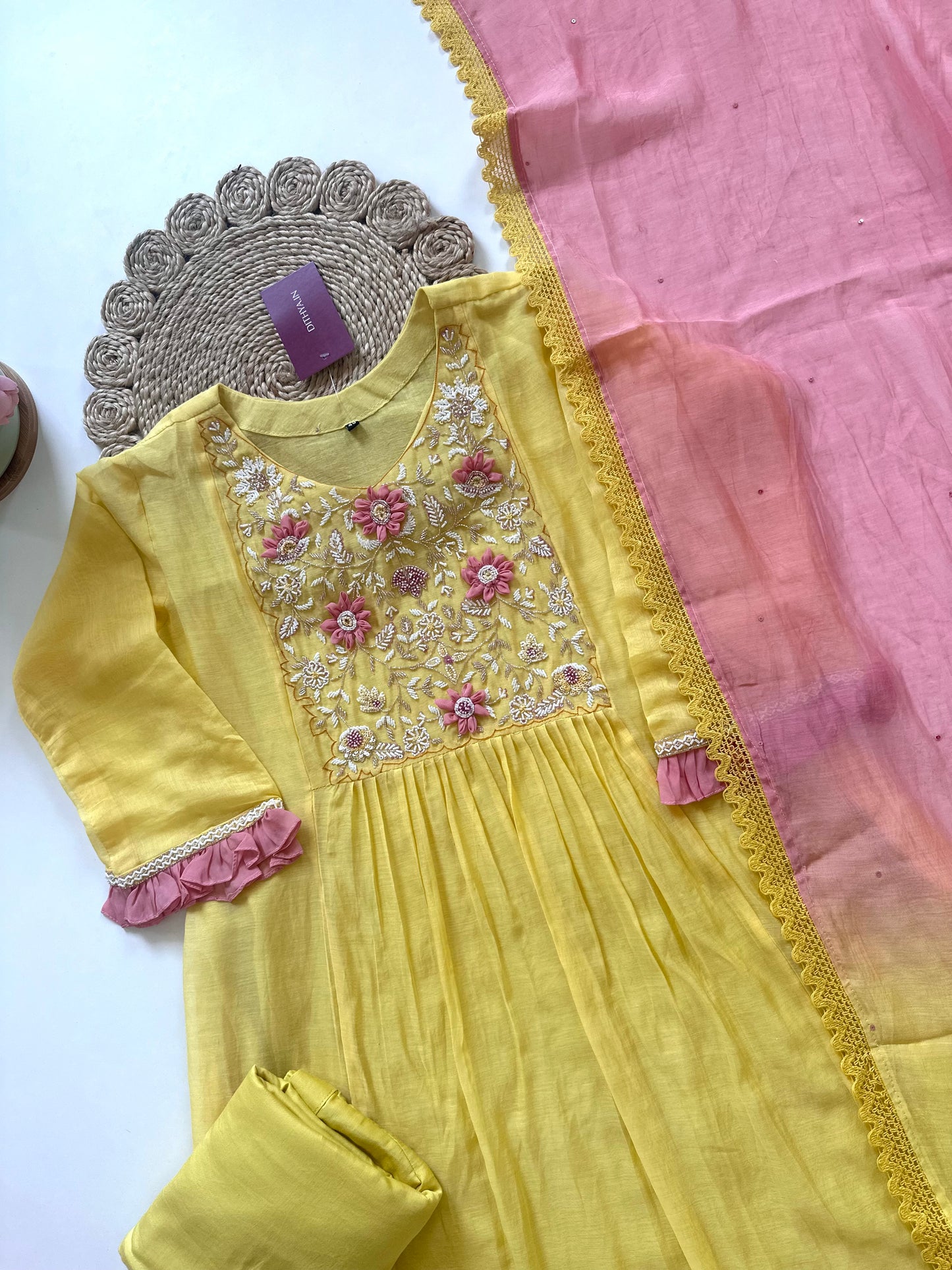 K034 - Pure mul Chanderi Handwork Anarkali with pants and ombre dupatta .