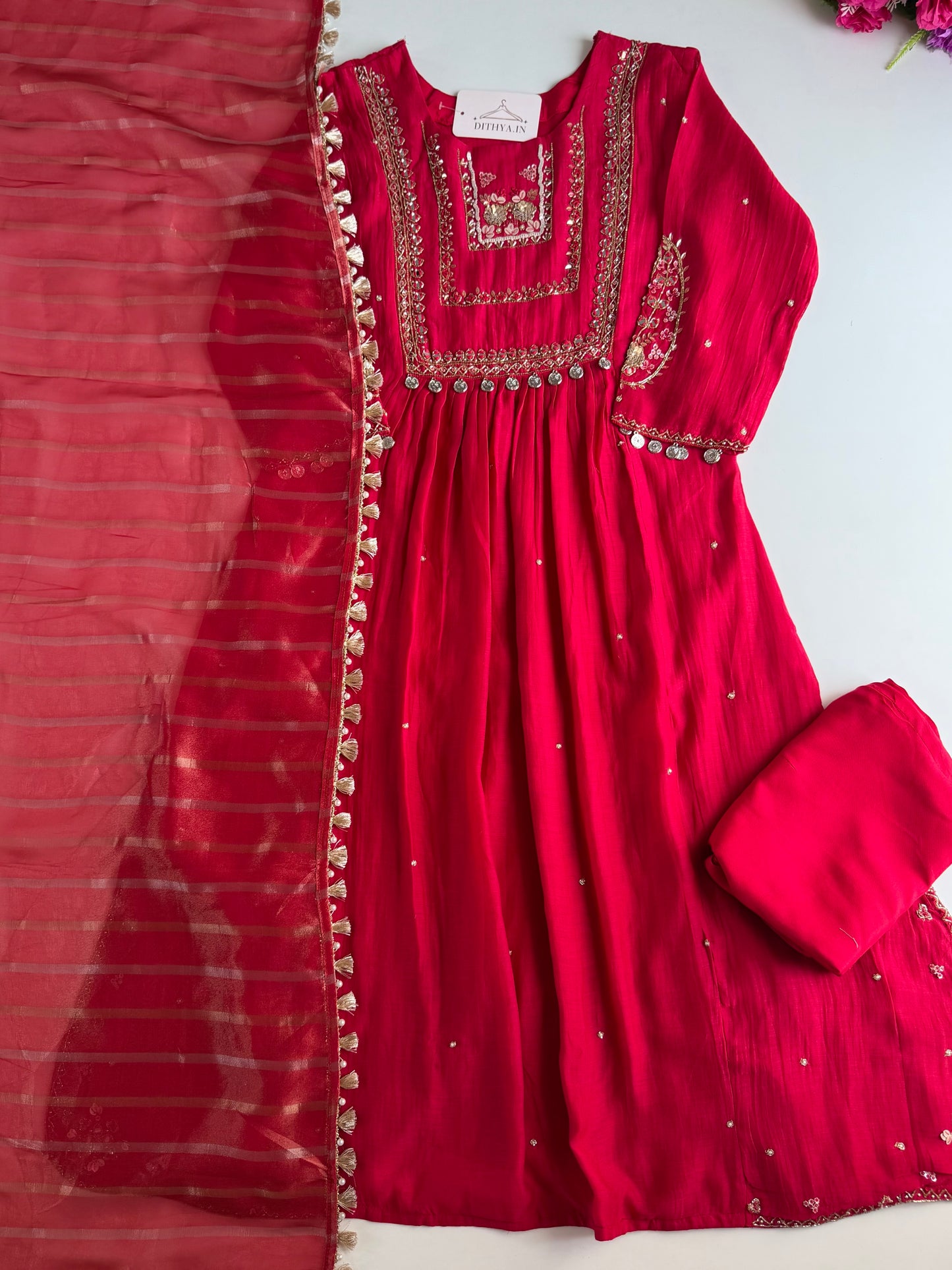 K229 - Mul chanderi handwork aline Kurti with pants and dupatta