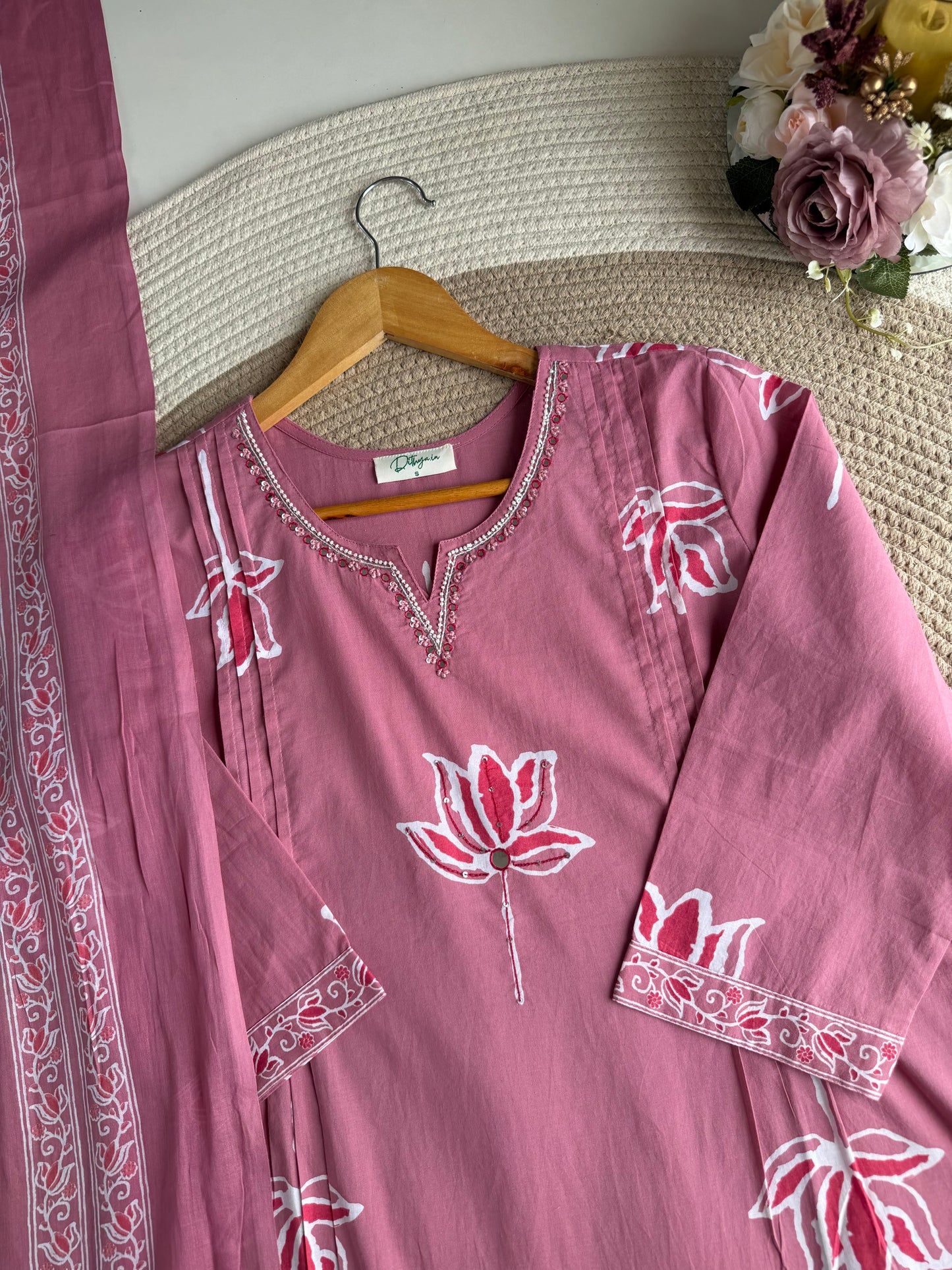 K164 - Mul cotton embroidered Aline Kurti with pants and dupatta in 3 colours