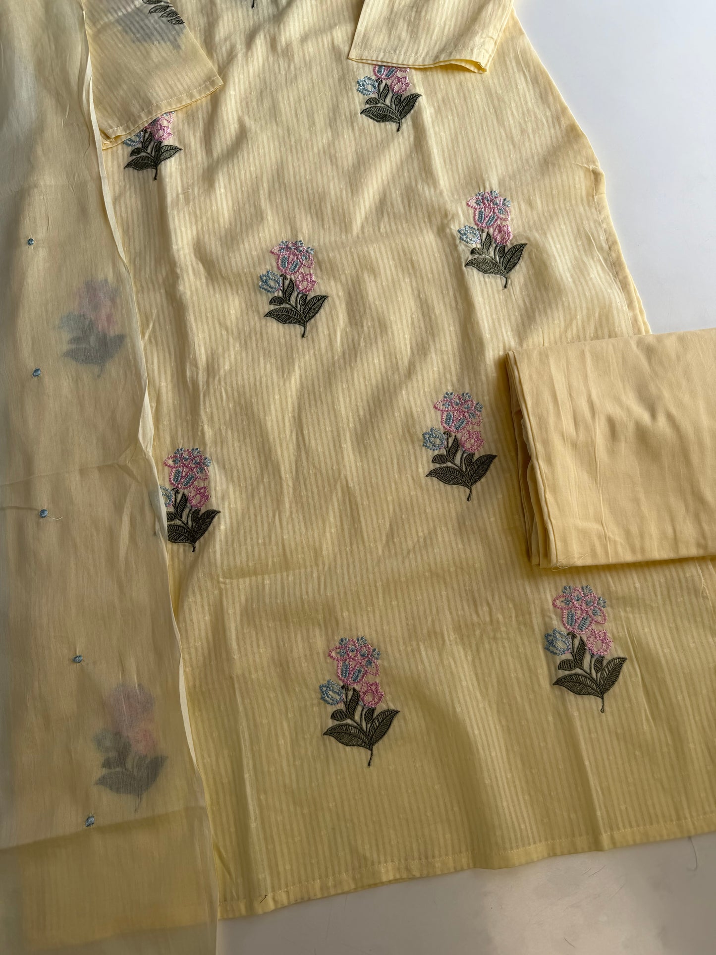K678 - Mul cotton embroidered straight Kurti with pants and dupatta