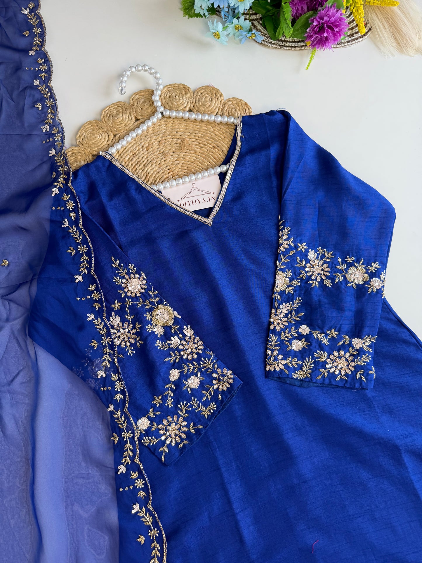 K544 - Russian silk handwork Aline Kurti with pants and dupatta