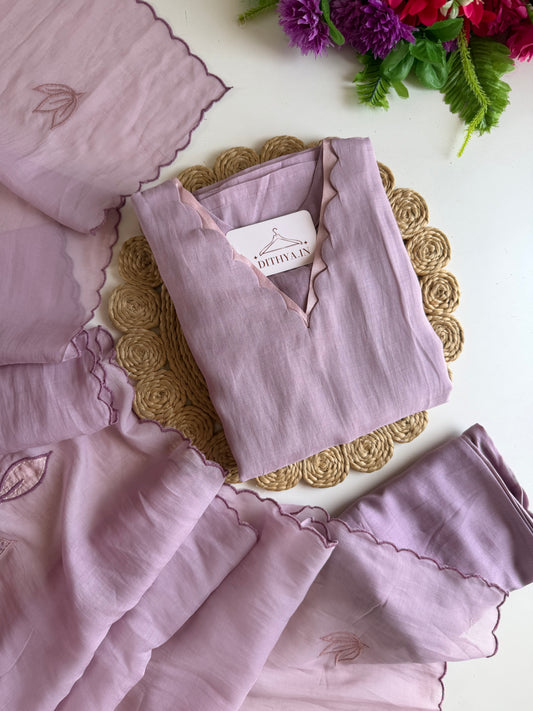 K687 - Mul chanderi appliqué work straight Kurti with pants and dupatta