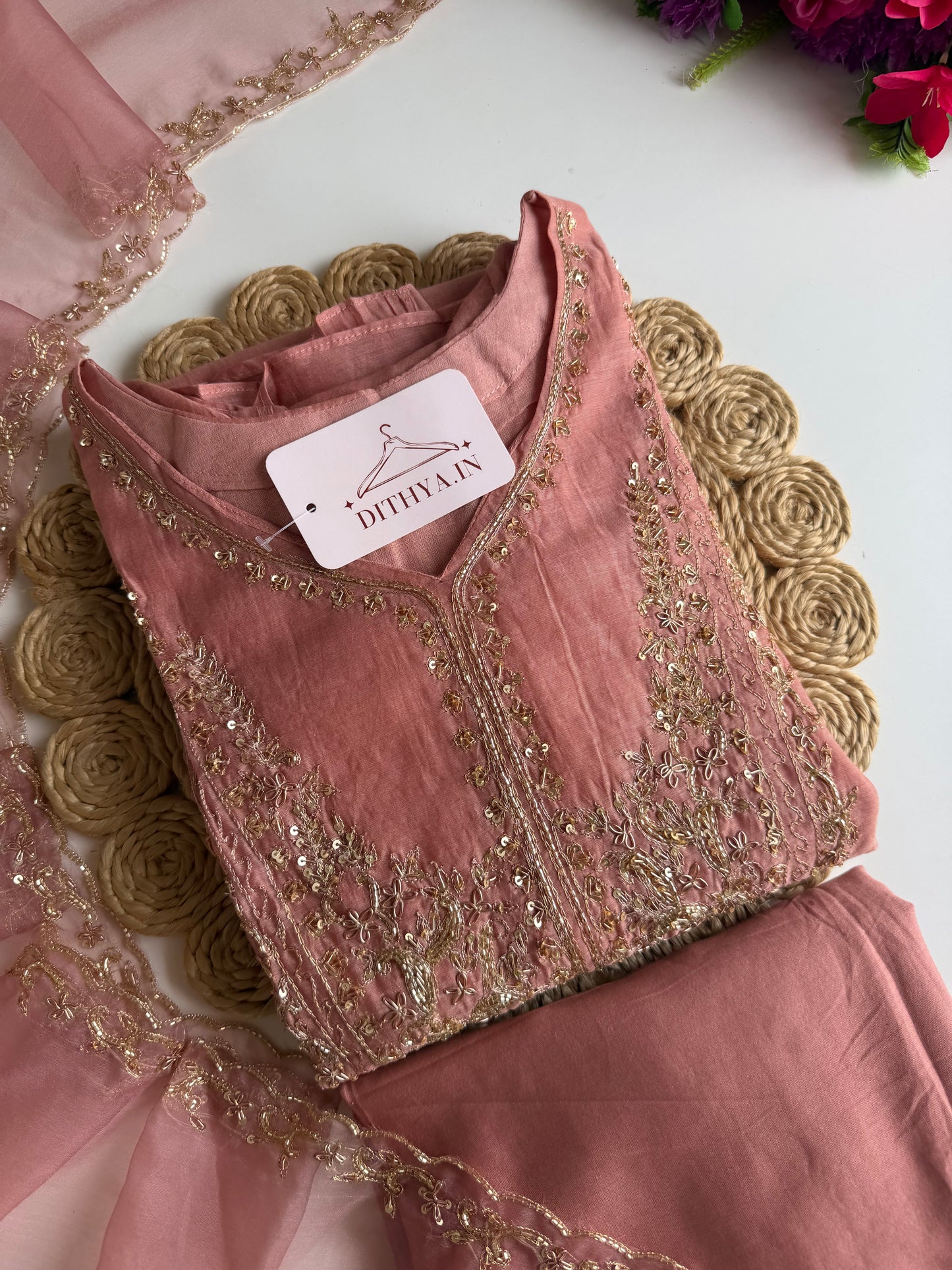 K372 - Mul chanderi handwork aline Kurti with pants and dupatta