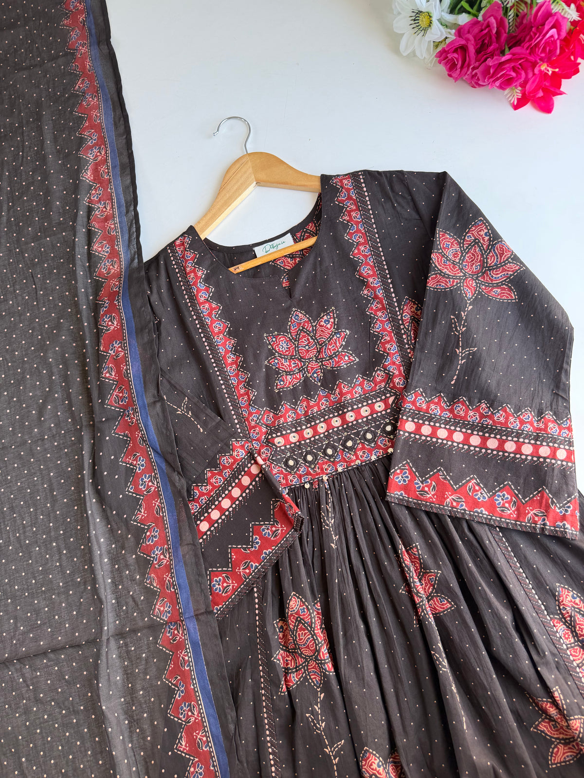 K609 - Mul cotton embroidered Anarkali with pants and dupatta