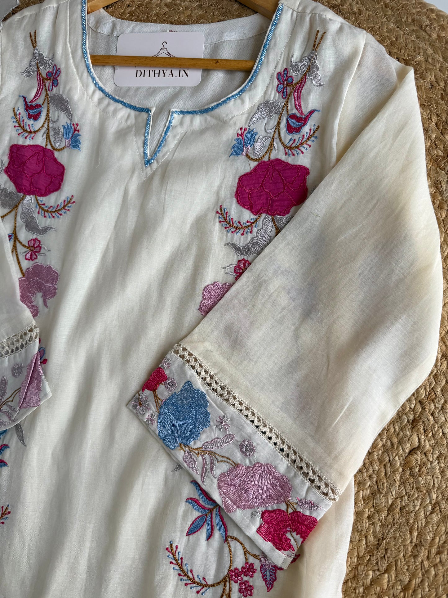 K177 - Mul chanderi appliqué work straight Kurti with pants and dupatta