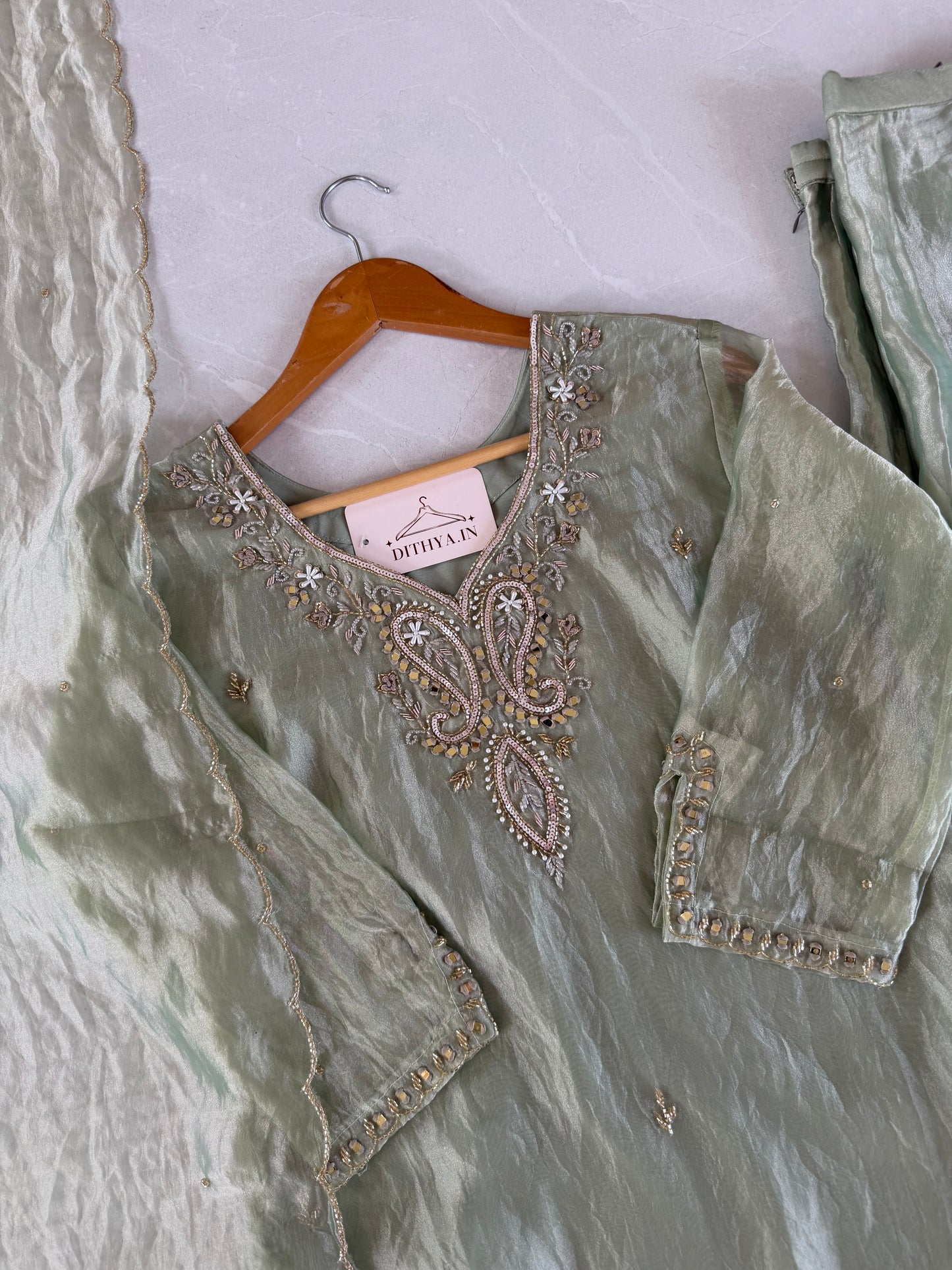 K494 - Tissue silk handwork short Kurti with divider pants and dupatta