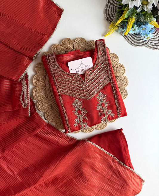 K086 - Russian silk handwork Anarkali with pants and dupatta