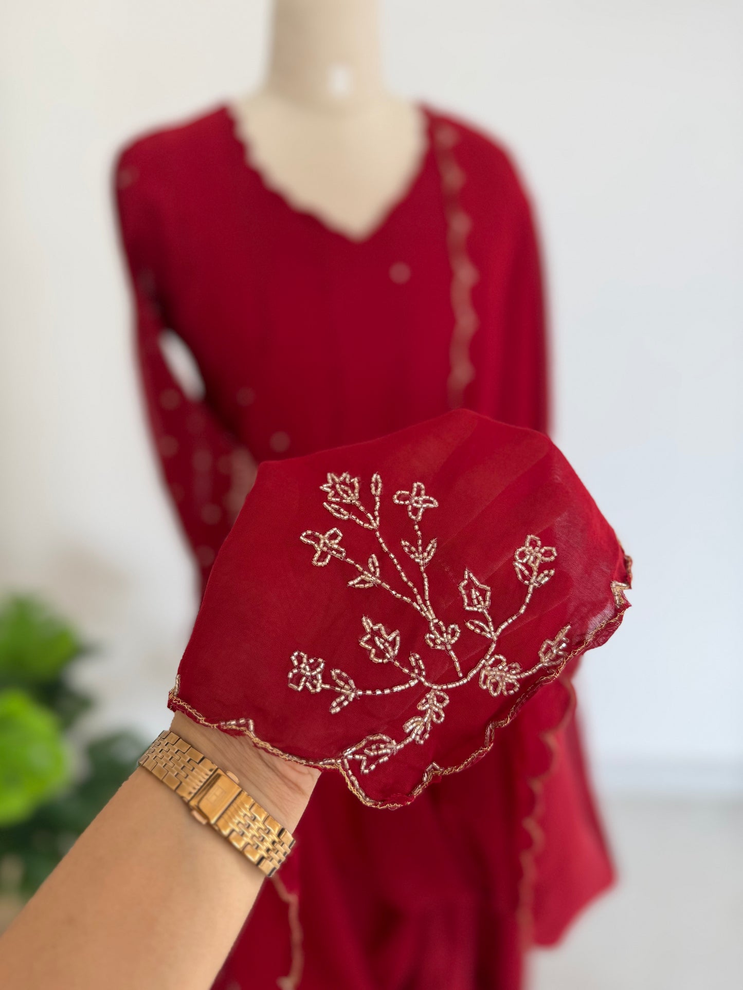 K630 - Mul chanderi handwork aline Kurti with pants and dupatta