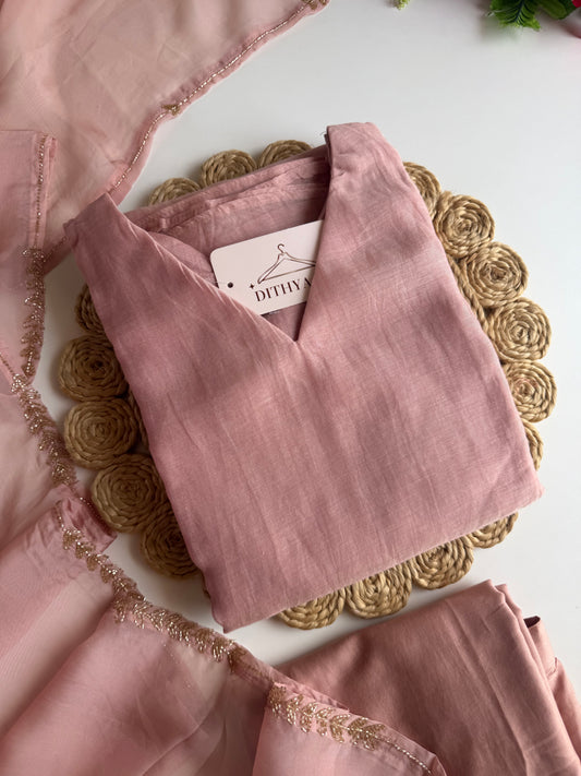 K564 - Mul chanderi handwork aline Kurti with pants and dupatta