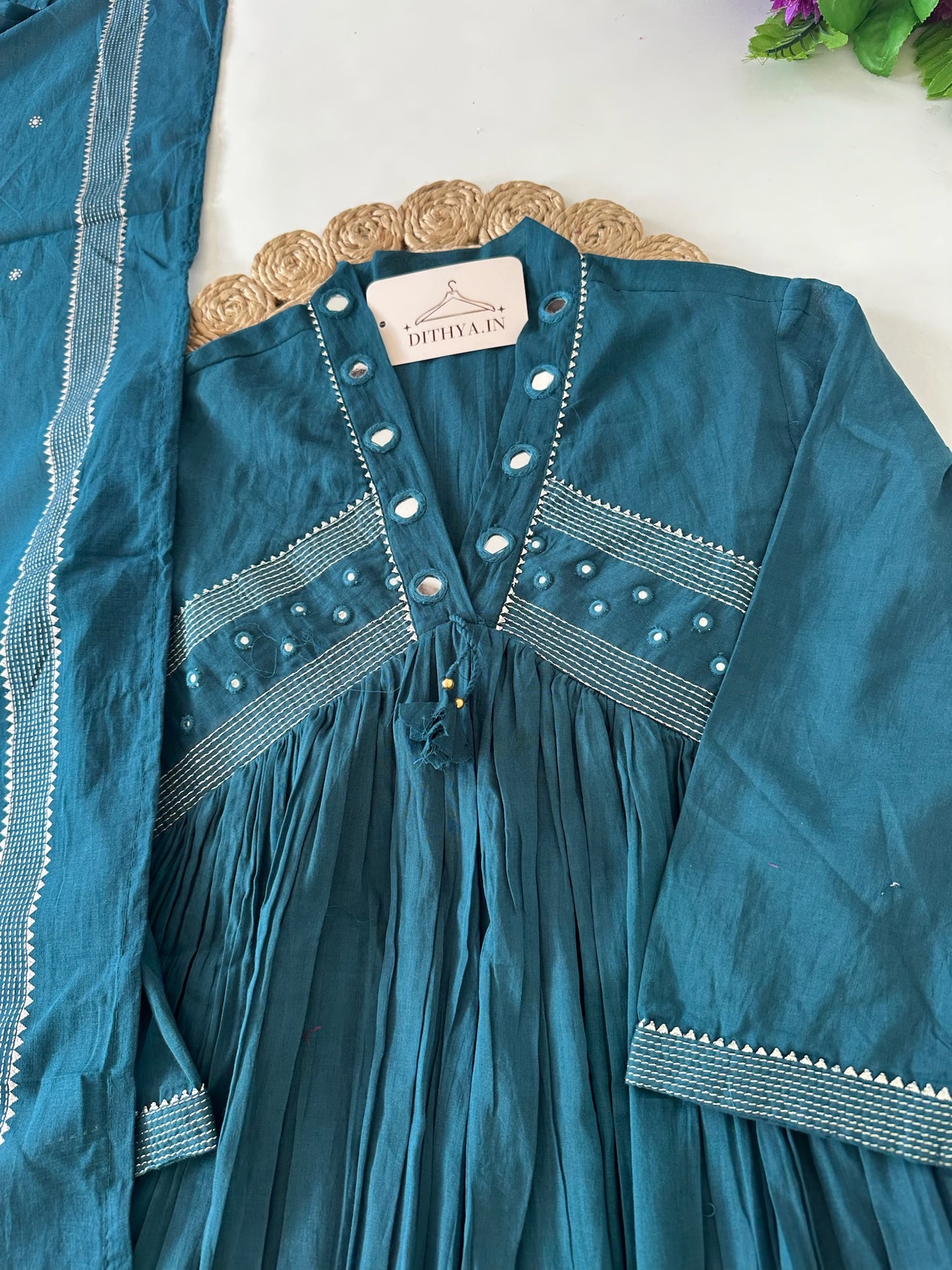 K387 - Mul cotton mirror work Anarkali with pants and dupatta