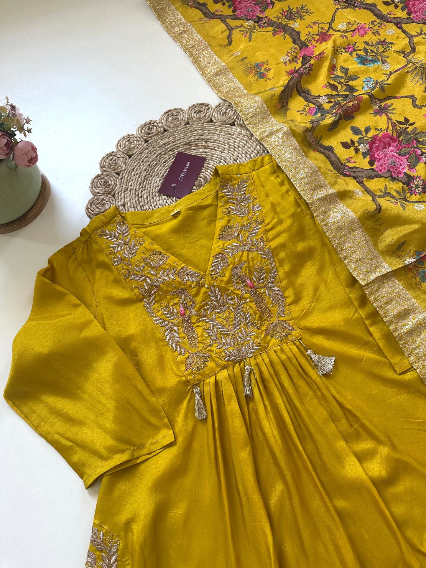 K228 - Russian silk handwork Anarkali with pants and Banarasi silk floral dupatta .