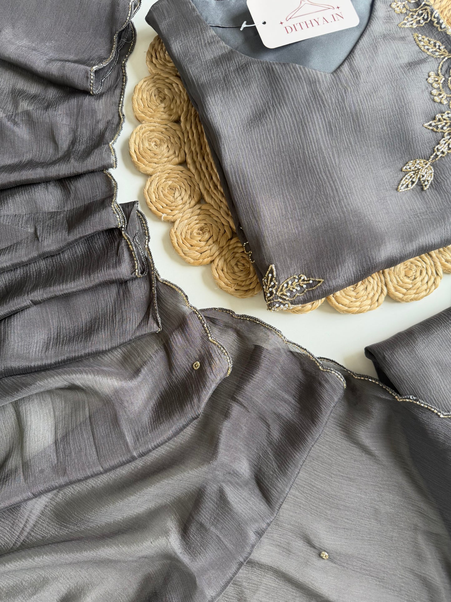 K114 - Pure Chinnon handwork aline Kurti with pants and dupatta