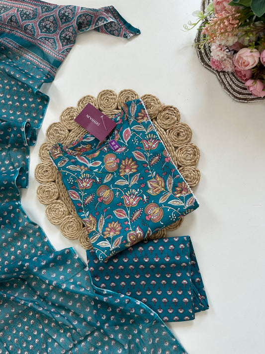 K092 - Cotton floral straight Kurti with pants and dupatta