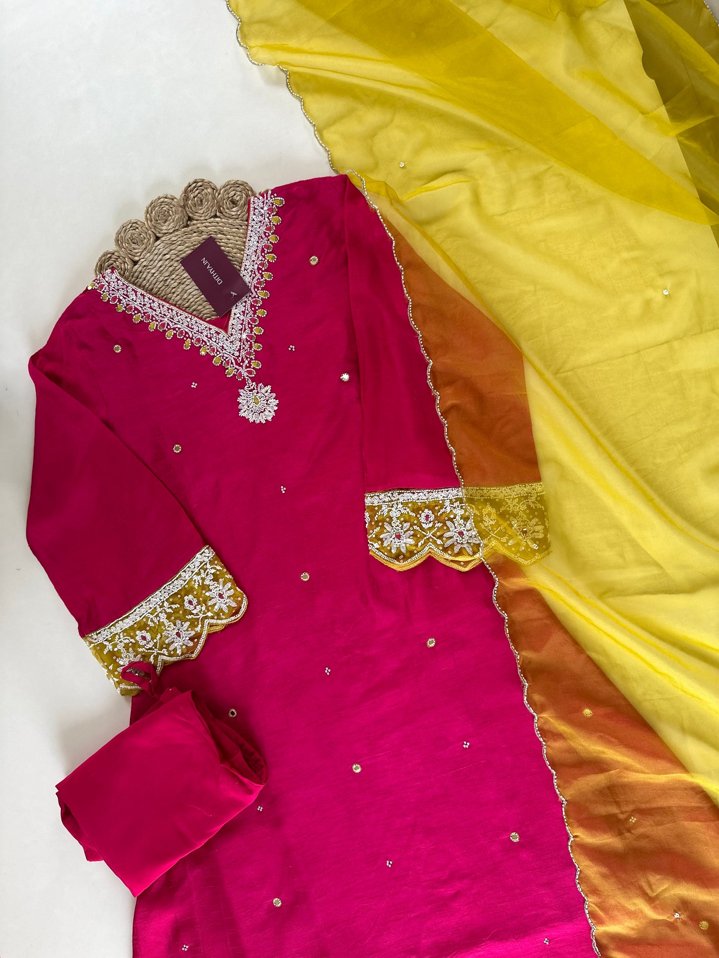 K156 - Russian silk handwork Aline Kurti with pants and dupatta .