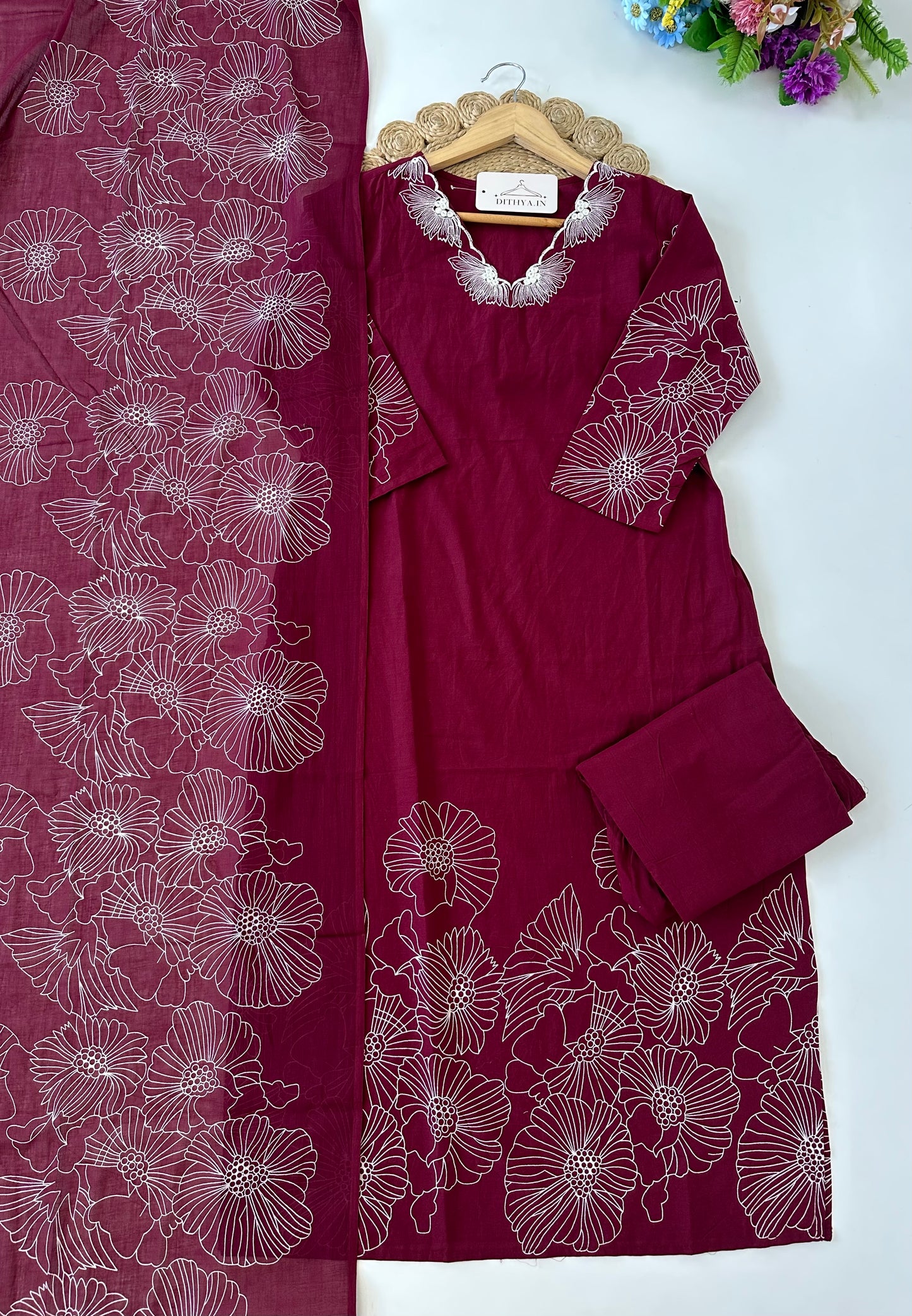K075 - Mul cotton embroidered straight Kurti with pants and dupatta