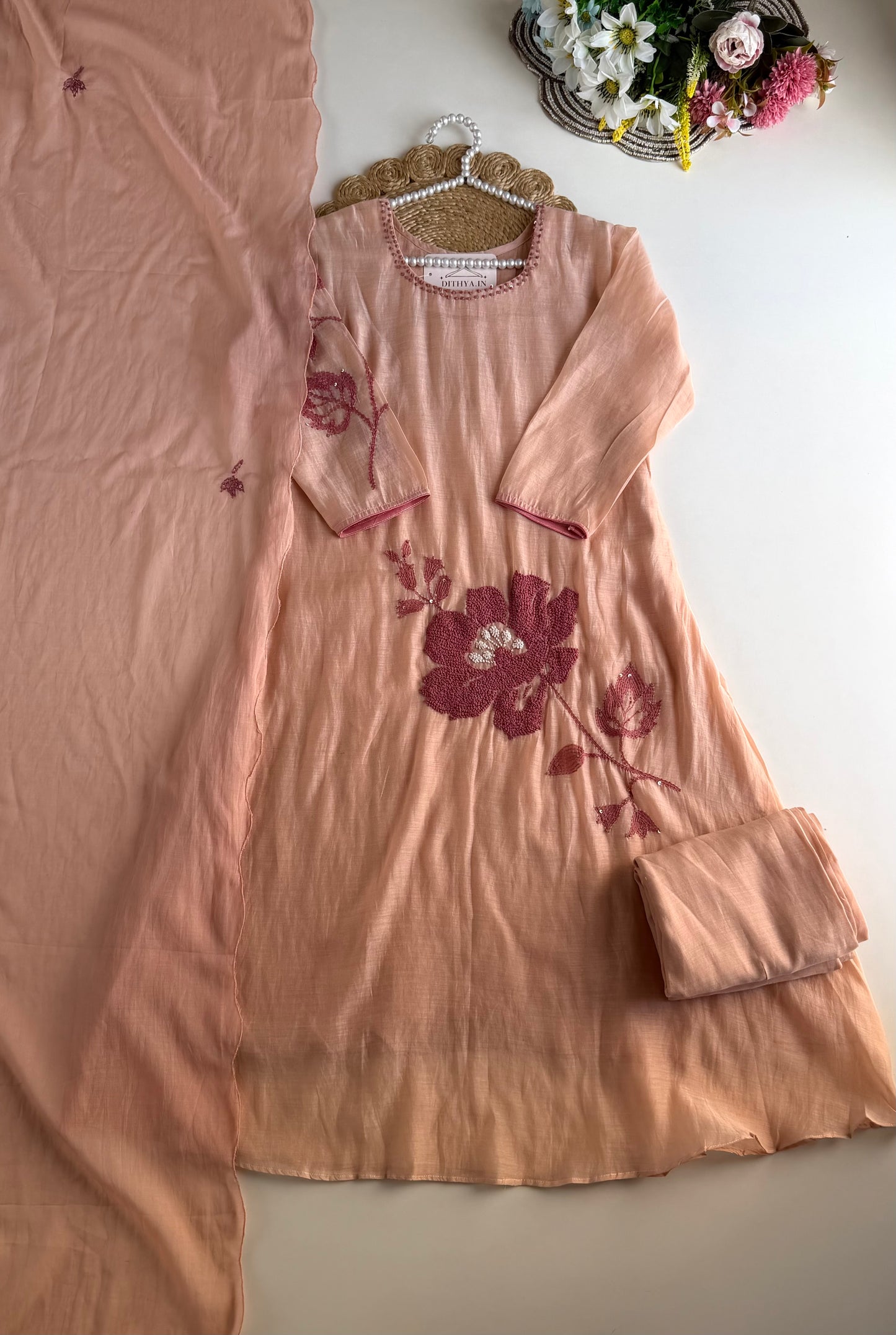 K650 - Mul chanderi embroidered Aline Kurti with pants and dupatta