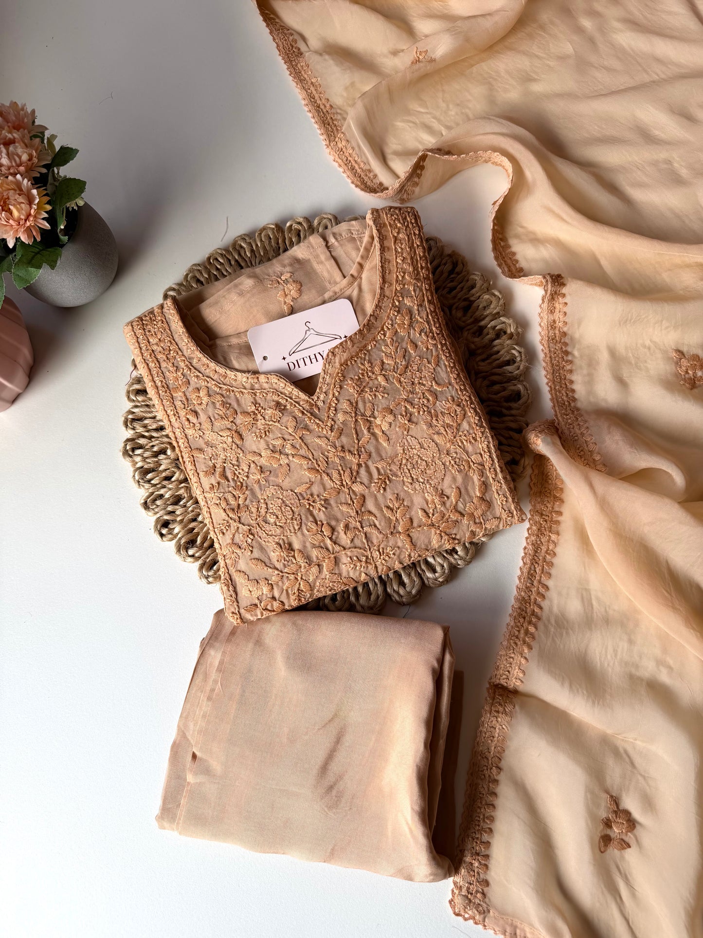 K587 - Viscose organza Chikankari straight Kurti with pants and dupatta