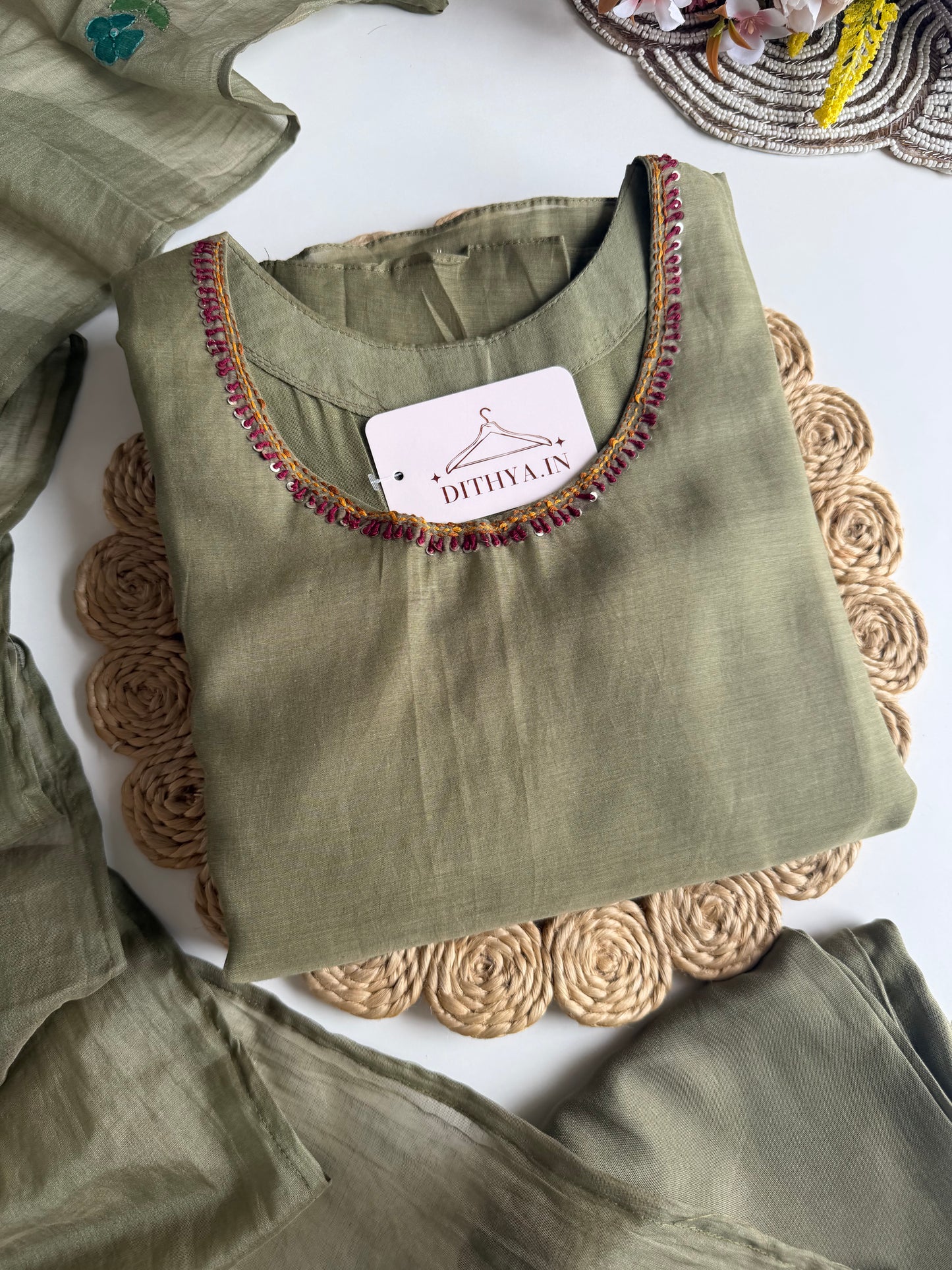 K496 - Mul chanderi appliqué work aline Kurti with pants and dupatta