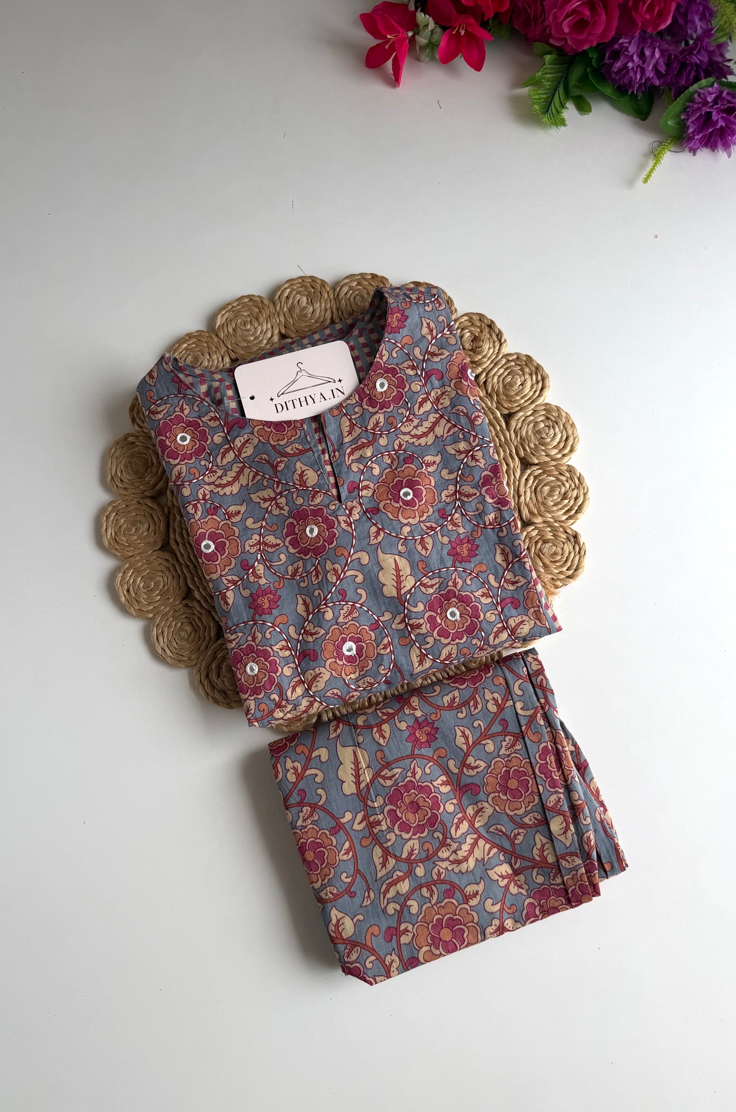 K555 - Mul cotton embroidered Aline Kurti with pants