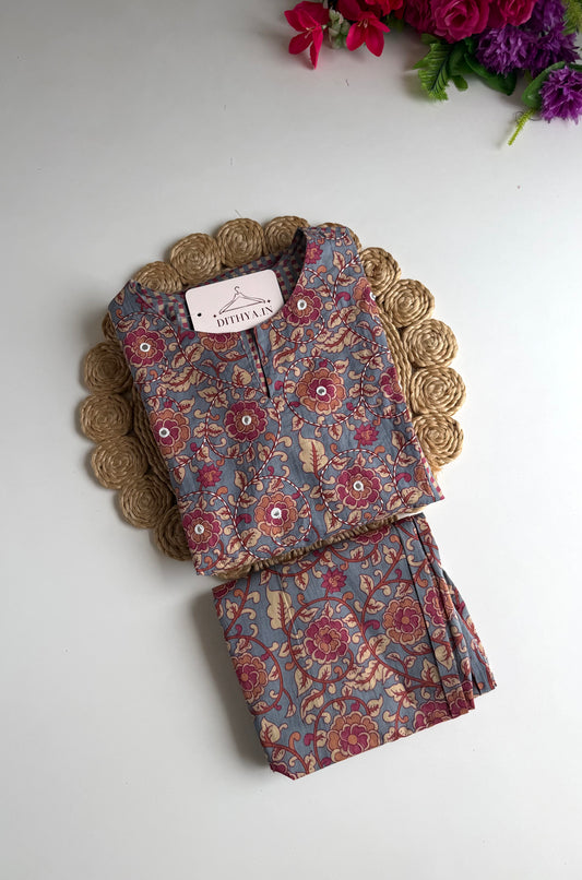 K555 - Mul cotton embroidered Aline Kurti with pants